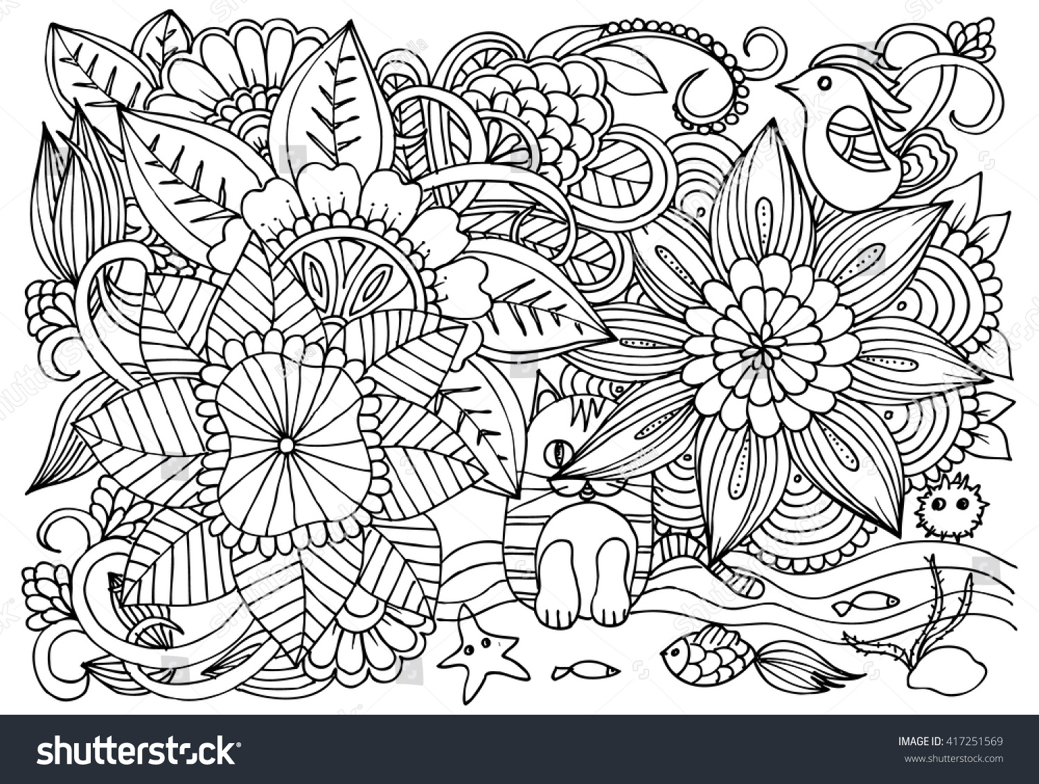 Doodle Art Page Black White Cat Stock Vector Royalty Free