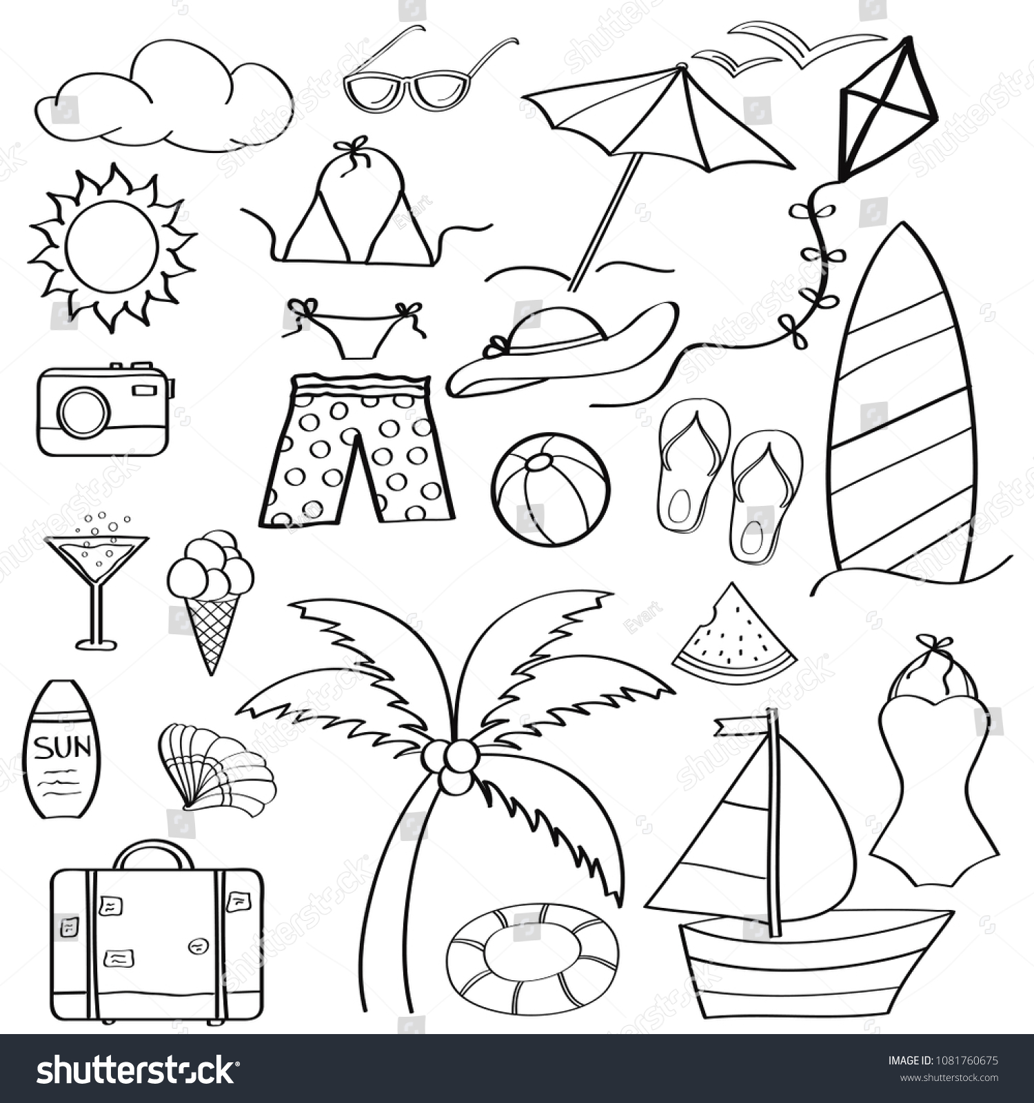 Doodle Cartoon Items Summer Holiday Collection Stock Vector (Royalty ...