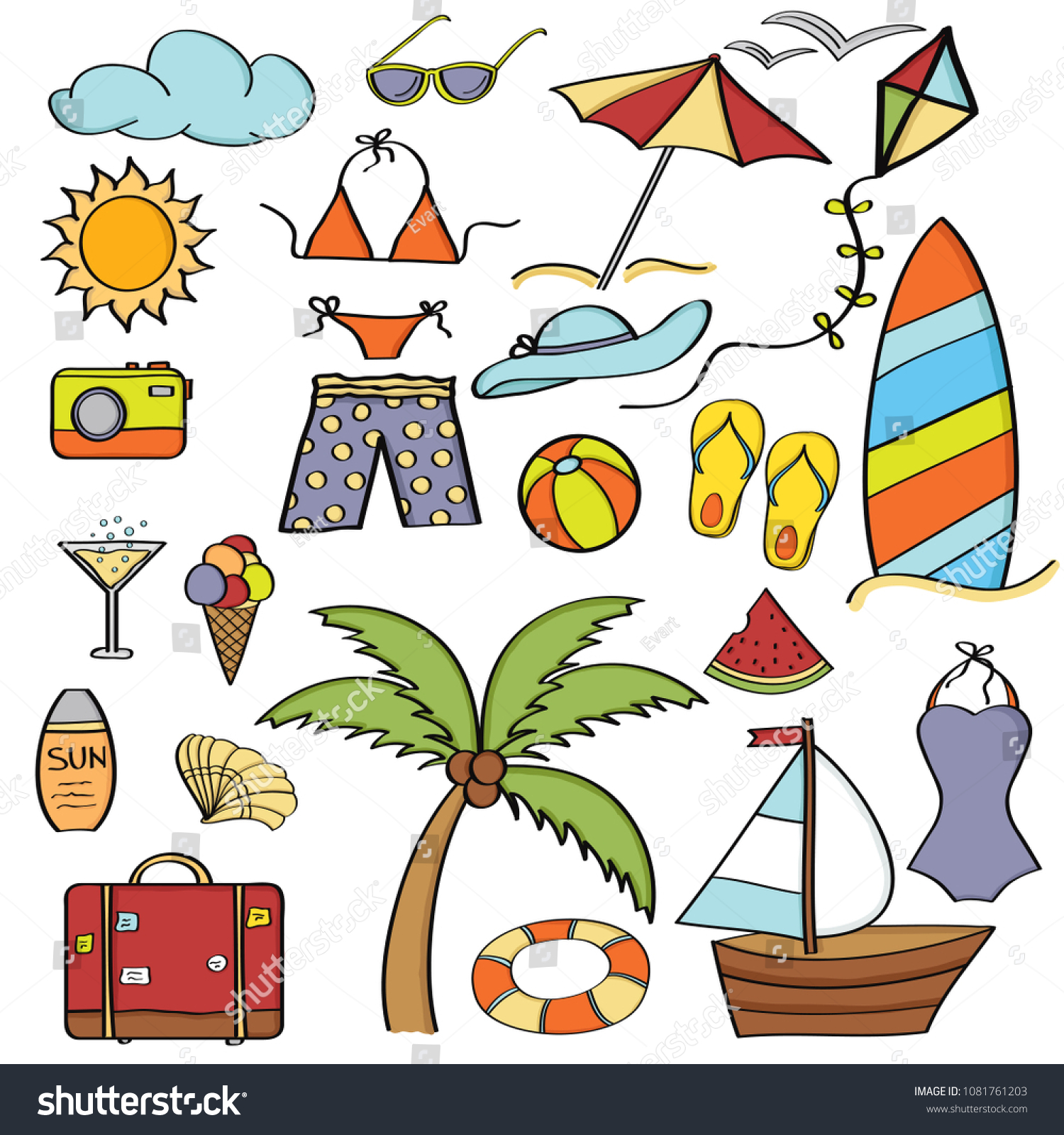 Doodle Cartoon Items Summer Holiday Collection Stock Vector (Royalty ...