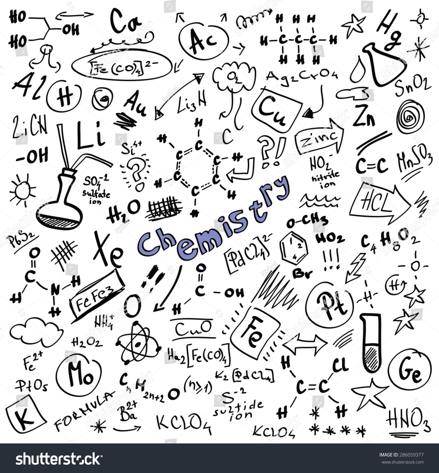 Doodle Chemistry Formulas Isolated On White Background, Vector ...