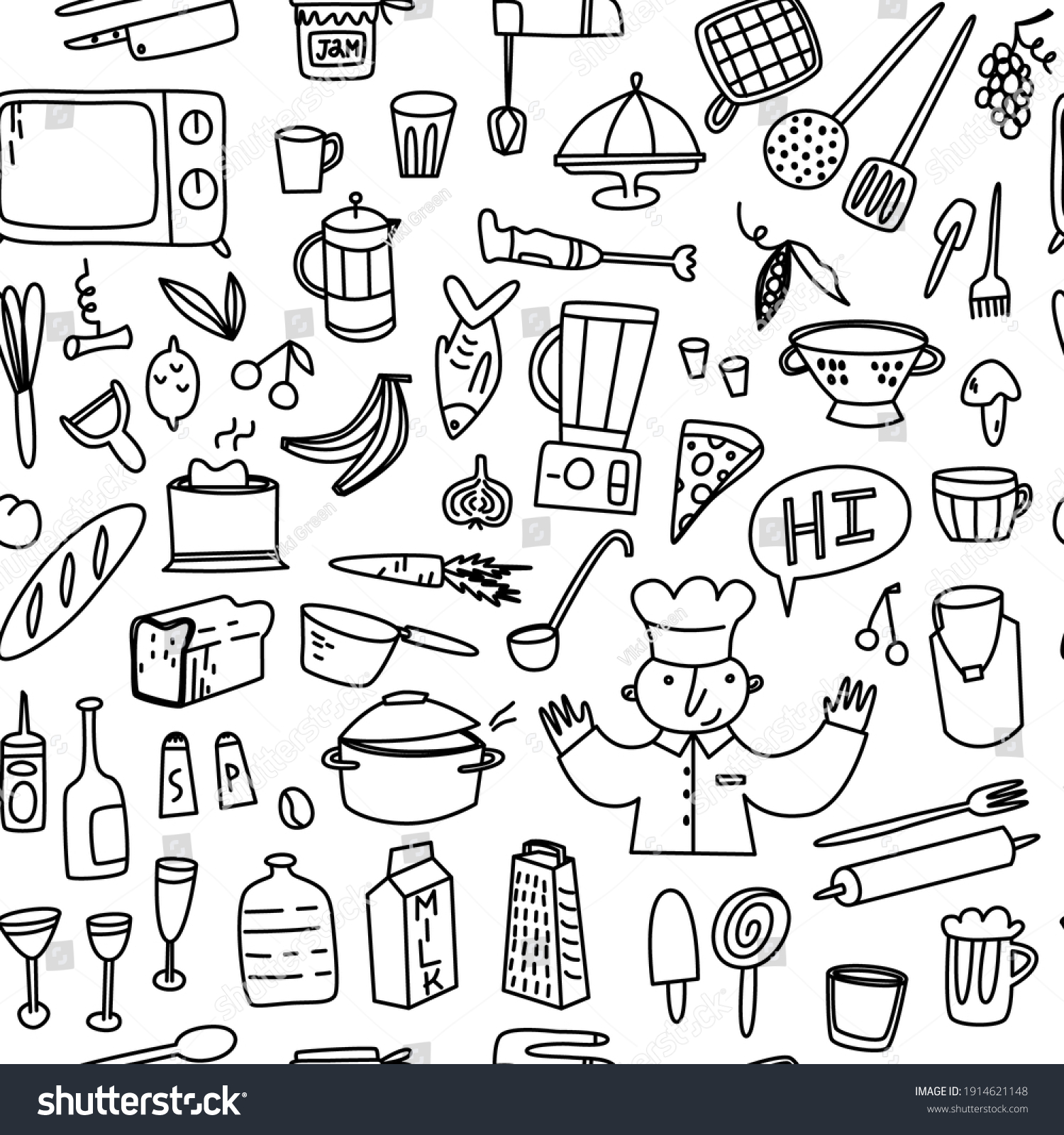 Doodle Cooking Kitchen Vector Pattern White Stock Vector (Royalty Free ...