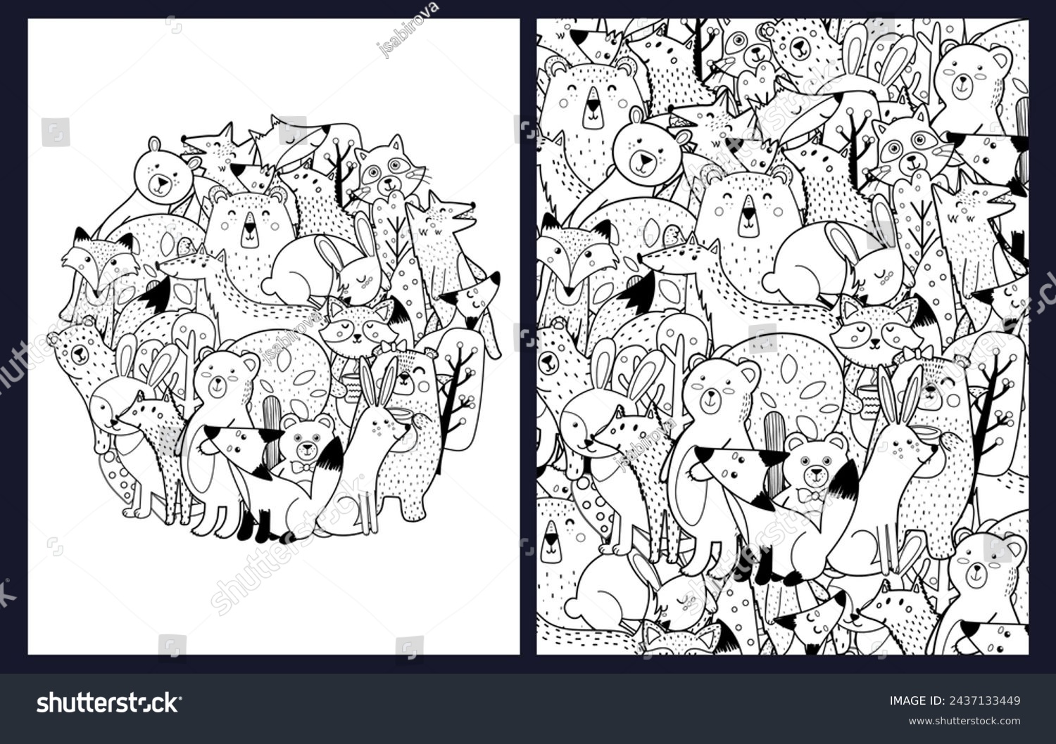 SVG of Doodle forest animals coloring pages set. Black and white templates bundle with cute woodland characters. Outline background. Vector illustration svg