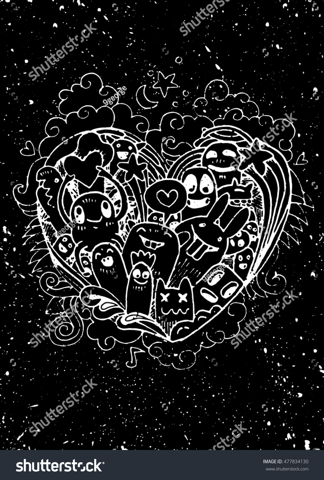 Doodle Heart Shape Doodles Monsters Sketch Stock Vector Royalty