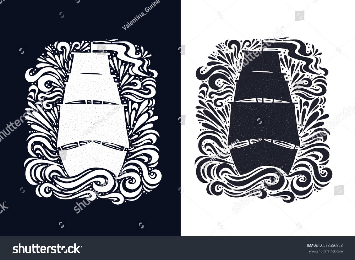 Doodle Inspirational Print Ship Waves Drops Stock Vector Royalty