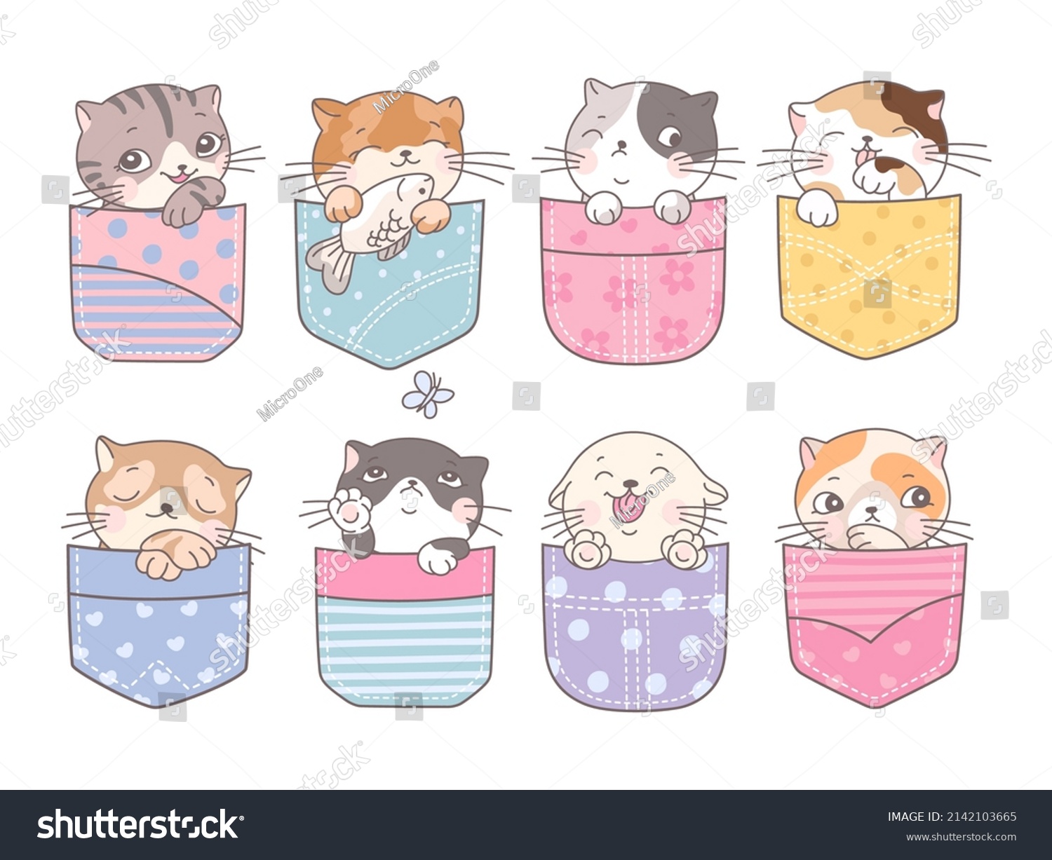 SVG of Doodle pocket cats. Kitten in pockets, happy cartoon cute cat. Fashion baby pet, adorable kittens faces. Childish mascot, kids decorative nowaday vector characters svg
