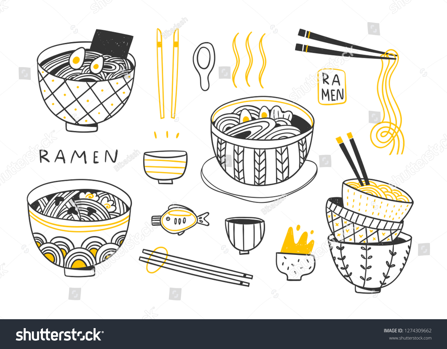 SVG of Doodle Ramen. Various noodles and other objects. Hand drawn vector set. All elements are isolated svg