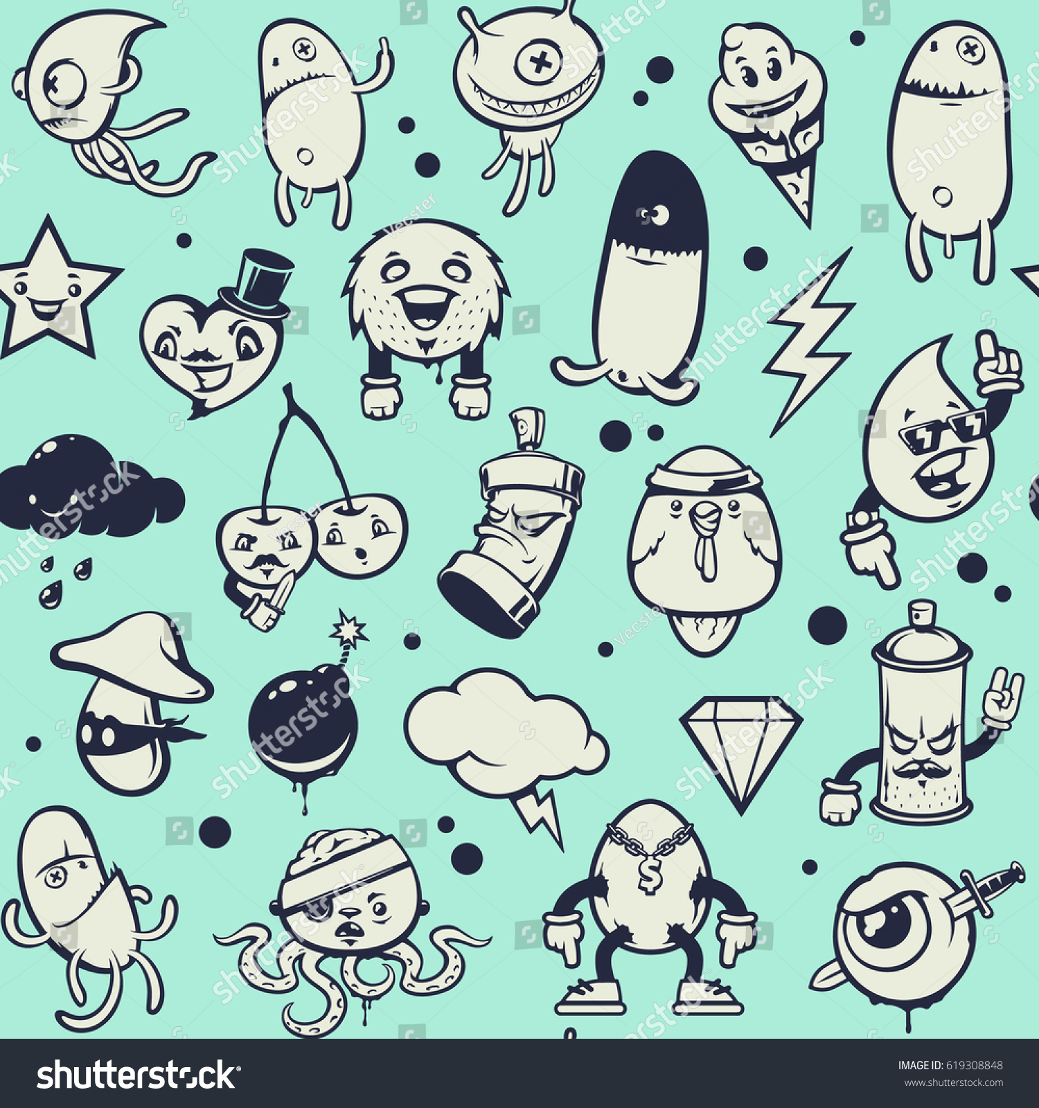 Doodle Seamless Pattern Vector Texture With Graffiti Characters