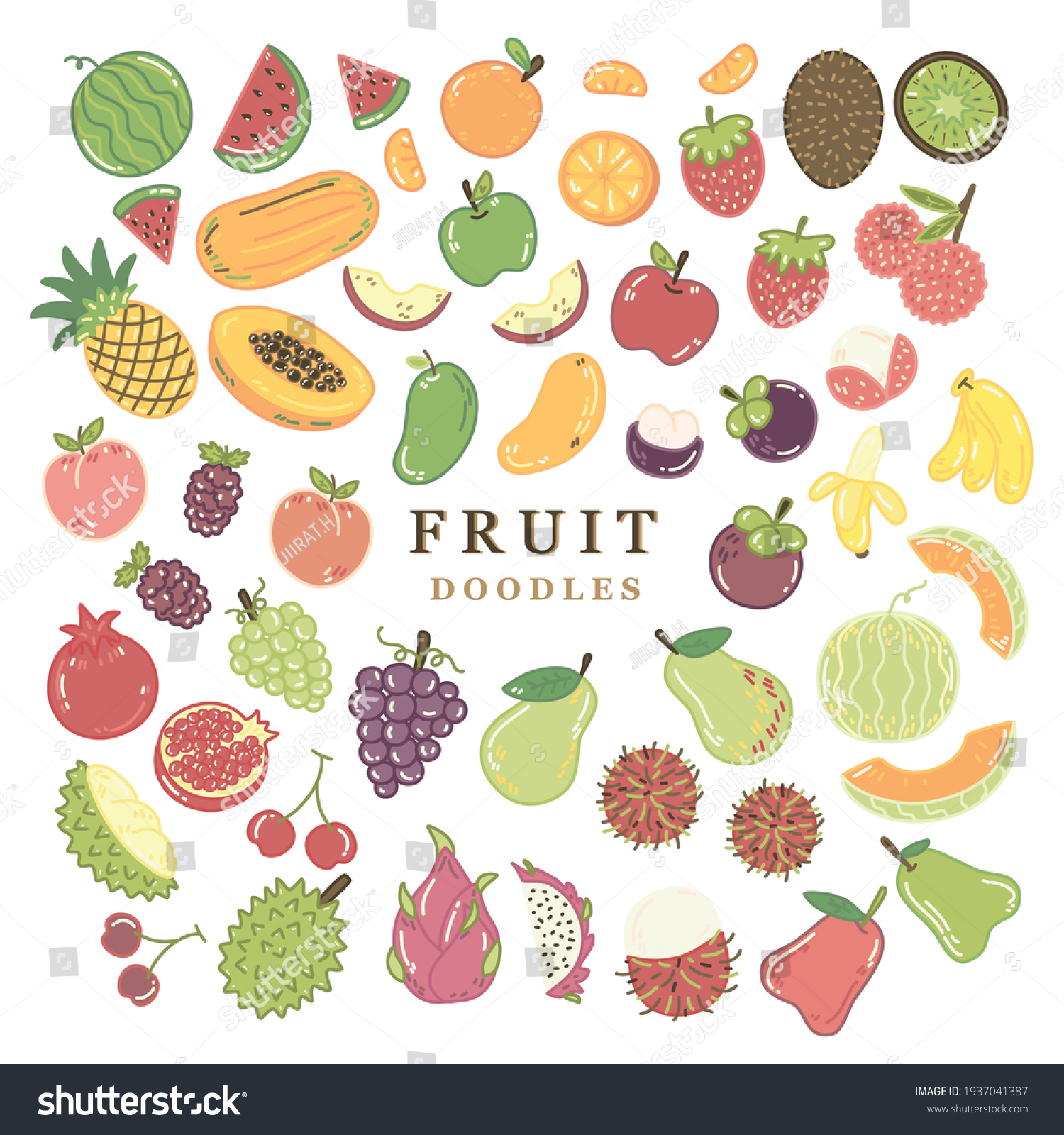 Doodle Set Cute Fruits Watermelon Orange Stock Vector (Royalty Free ...