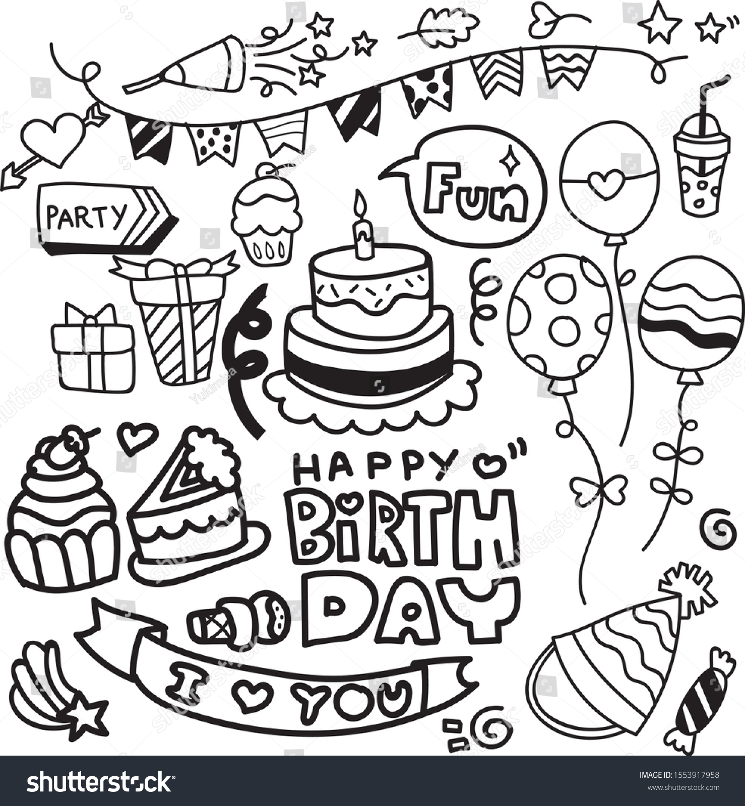 Doodle Set Cute Happy Birthday Elements Stock Vector (Royalty Free ...