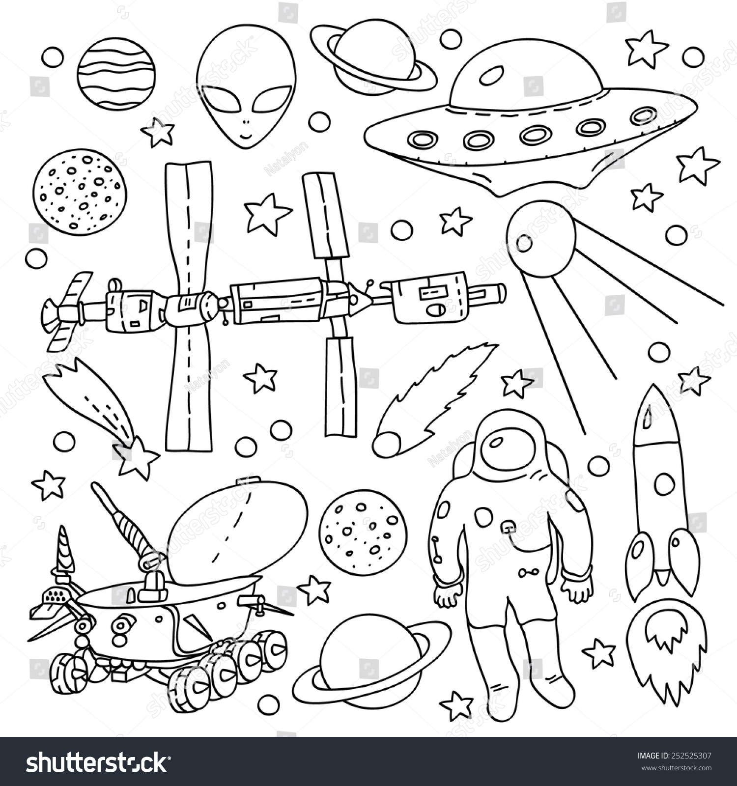 Doodle Space Elements Collection Black White Stock Vector 252525307 ...