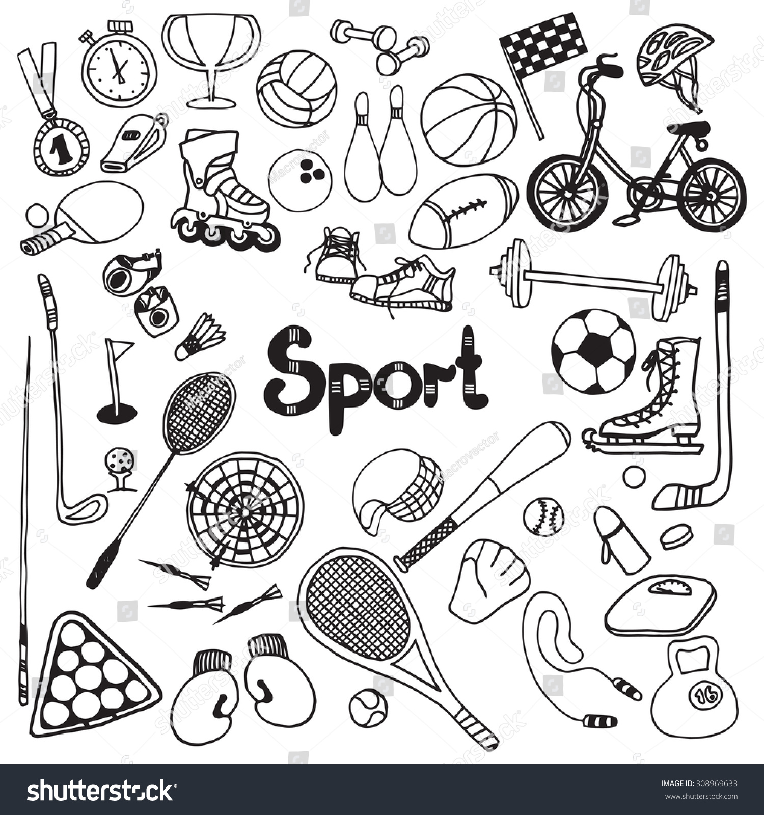 Doodle Sport Equipment Set Soccer Ball Stock Vector 308969633 ...