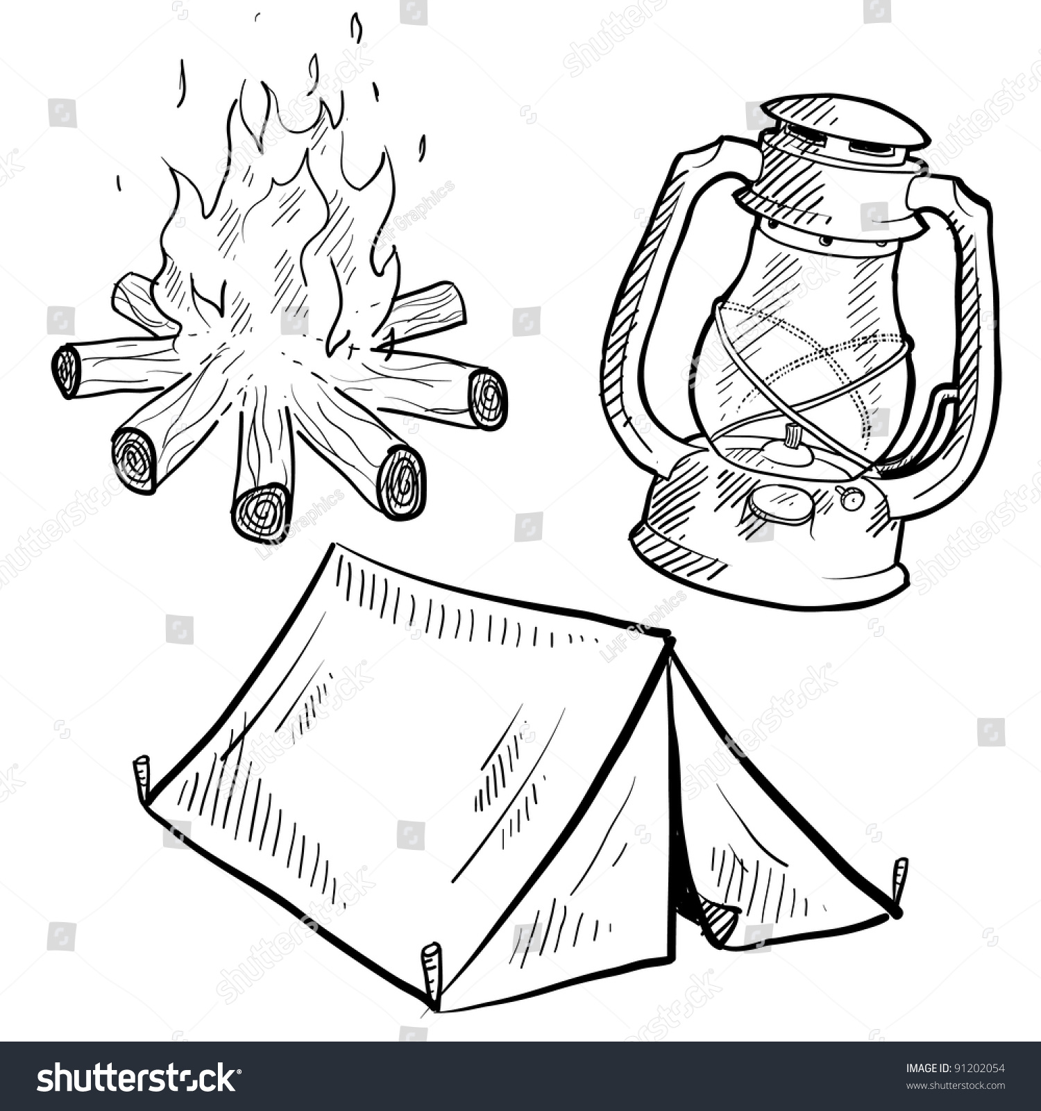 SVG of Doodle style camping equipment illustration in vector format suitable for web, print, or advertising use. Includes lantern, campfire, and tent. svg