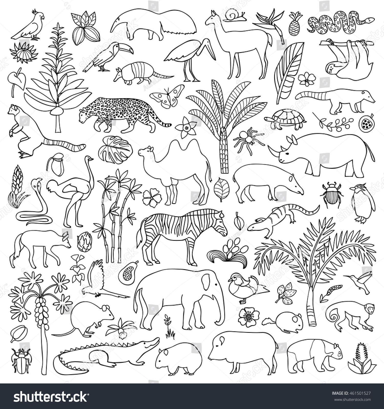 Doodle Tropic Forest Animals Plants Coloring Stock Vector 461501527 ...