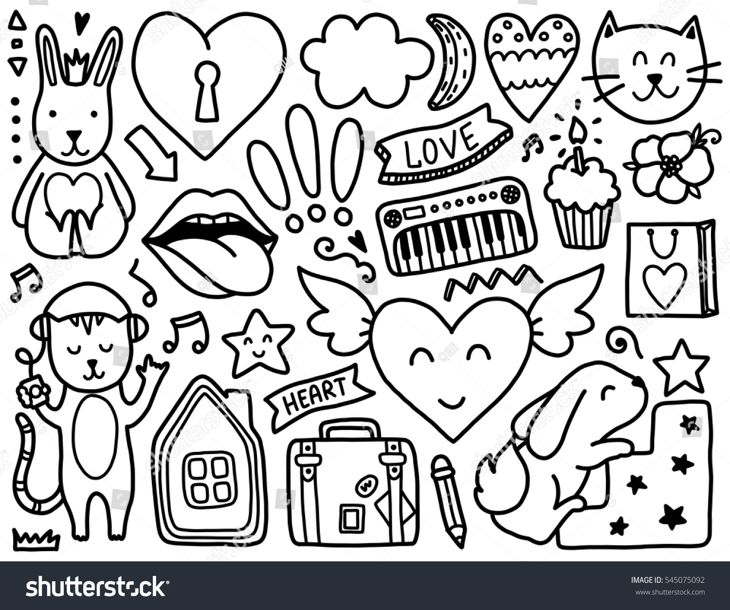 Black vector coloring page Illustration with hearts and flowers animals