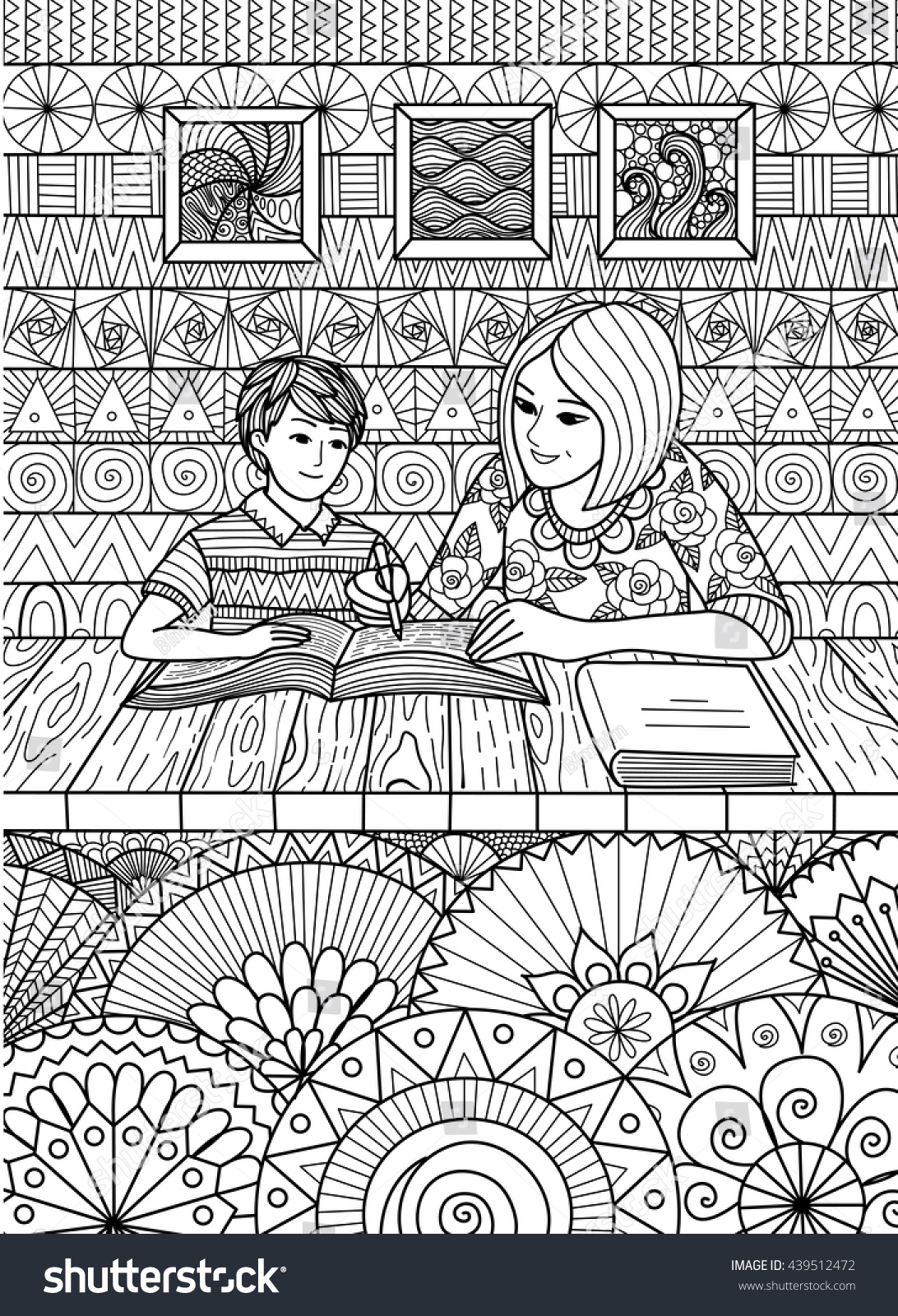 Doodles design of mother helping son with his study at home design for adult coloring