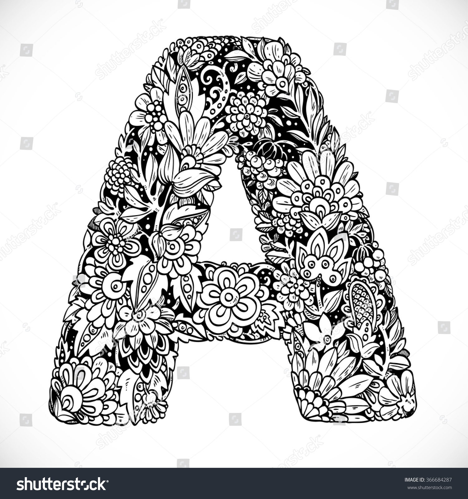Doodles Font From Ornamental Flowers - Letter A. Black And White Stock ...