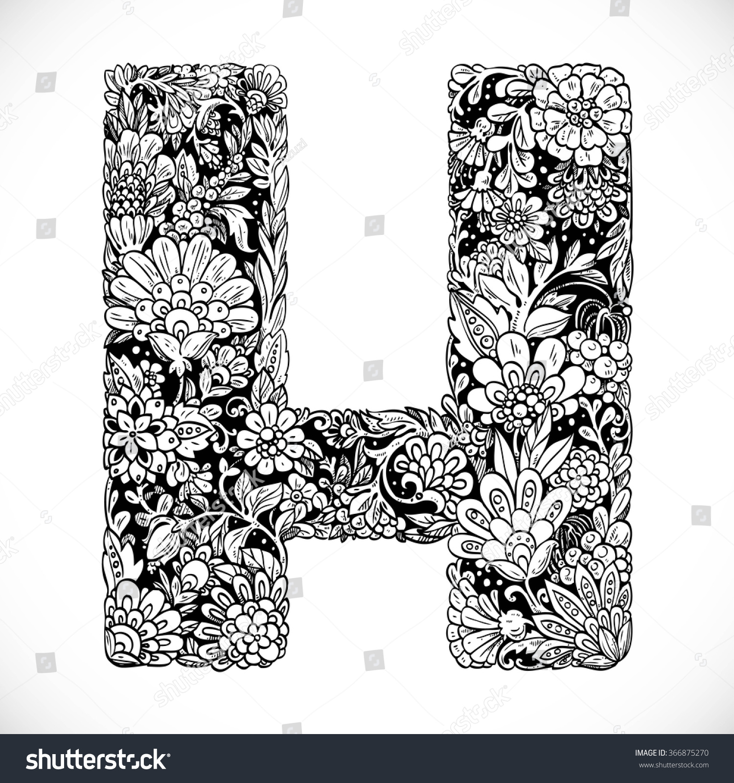 Doodles Font Ornamental Flowers Letter H Stock Vector Royalty Free