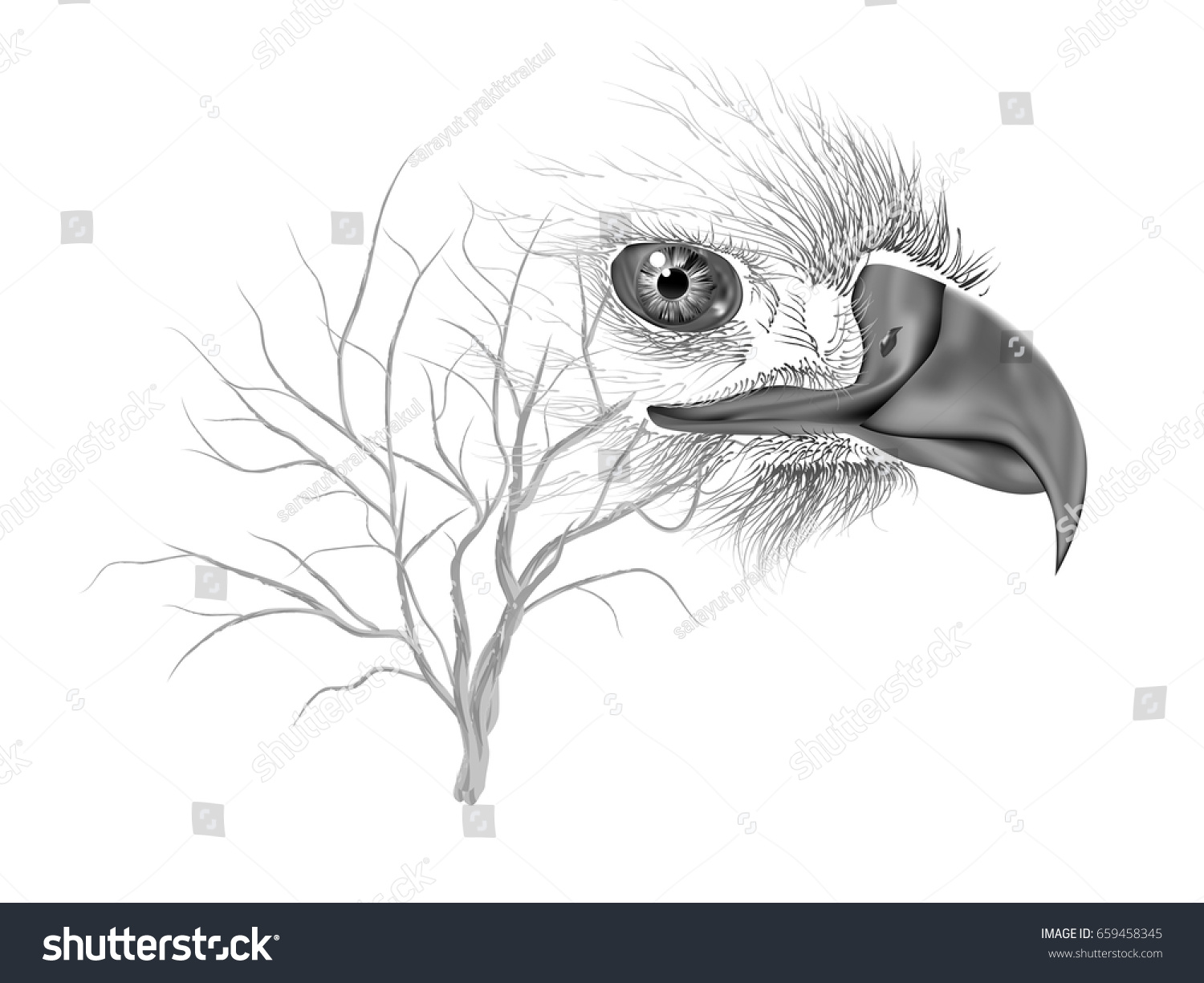 Double Exposure Drawing Eagle Tree Branch Stock Vector ...