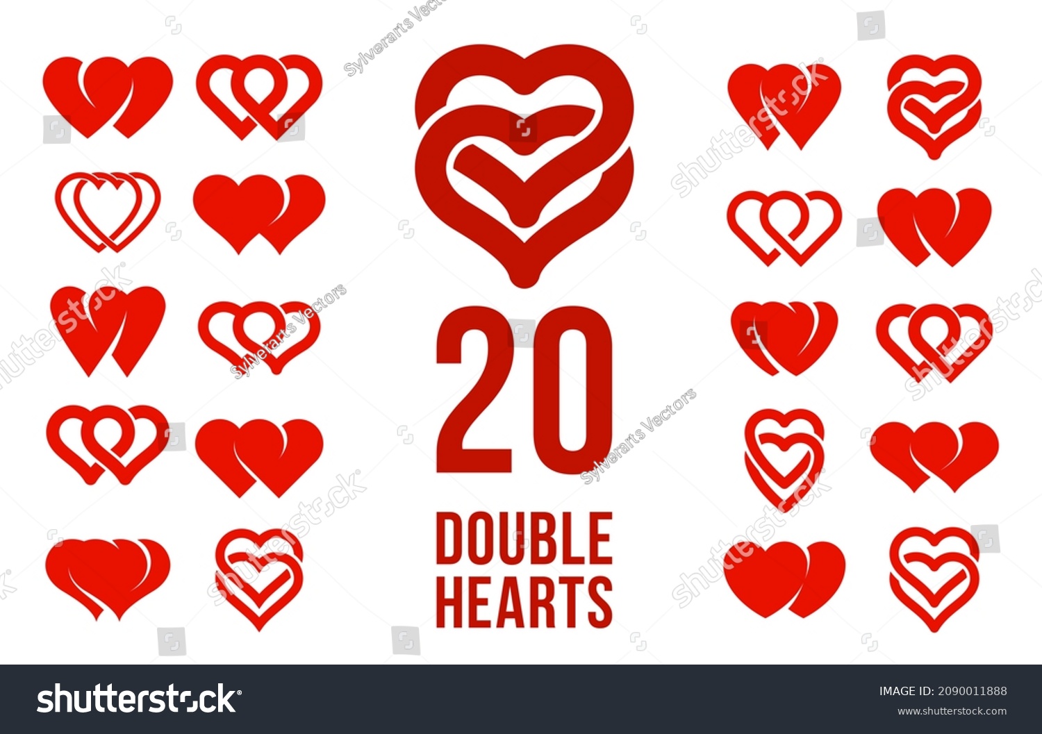 SVG of Double two hearts vector icons or logos set, wedding and couple concept romantic theme, care and togetherness, two linked hearts connected. svg