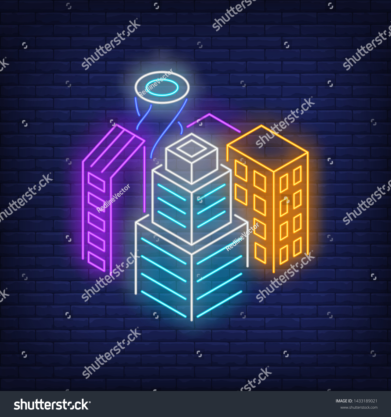 Downtown Buildings Neon Sign Architecture City Stock Vector (Royalty ...