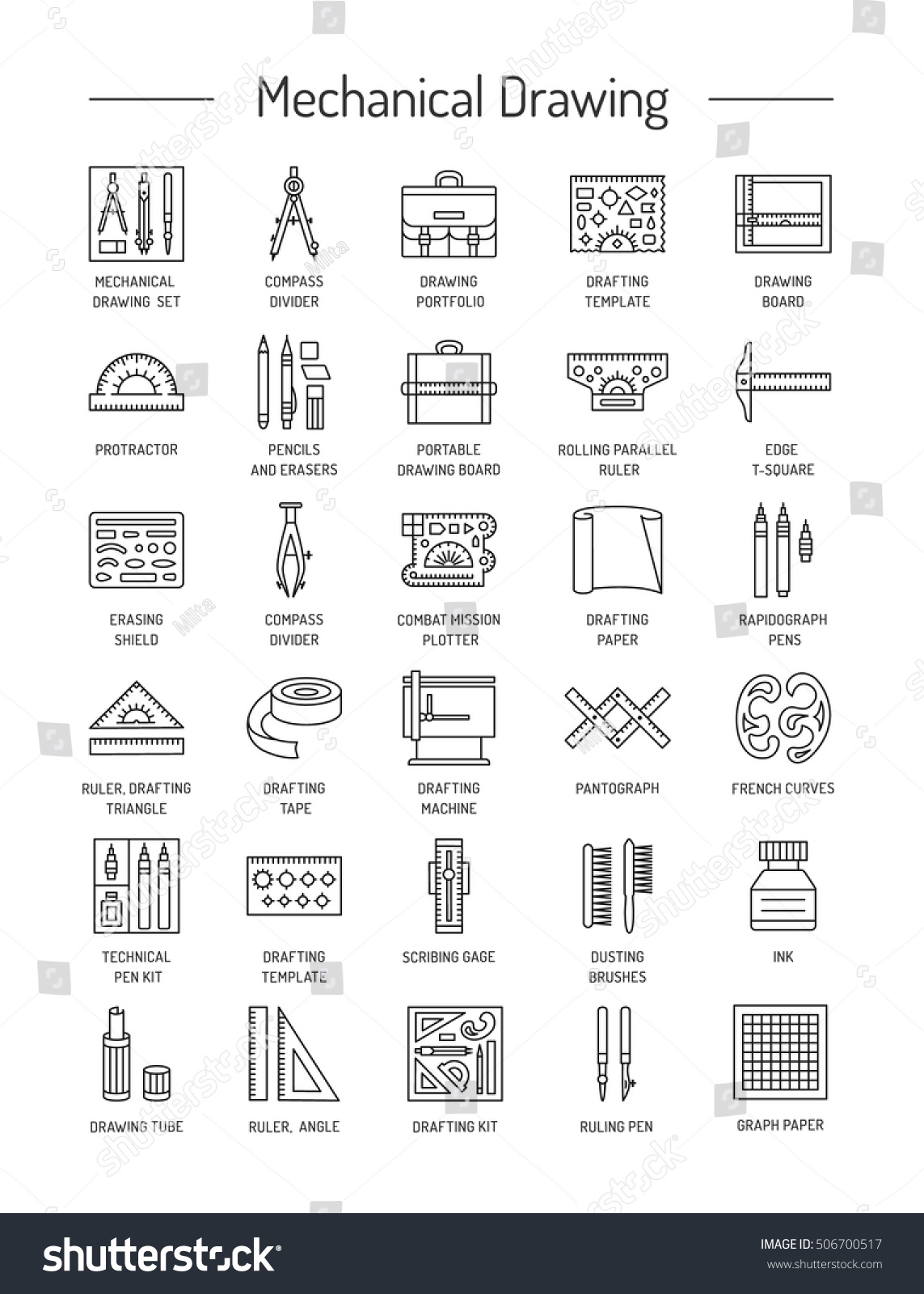 Drafting Tools Icon Collection Technical Drawing Stock Vector (Royalty