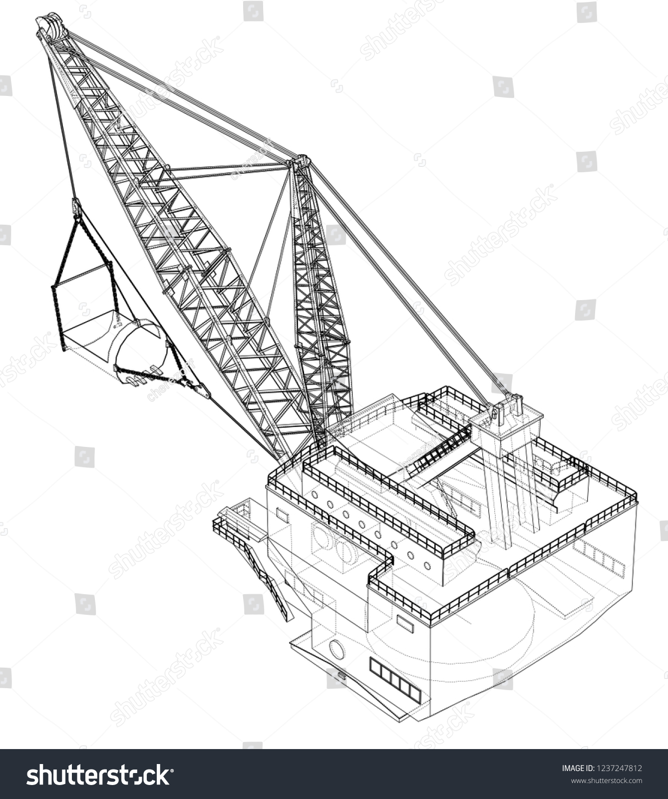 recommend clip art: Dragline walking excavator. Vector rendering of 3d. Wire-frame style. The layers of visible and invisible lines are separated