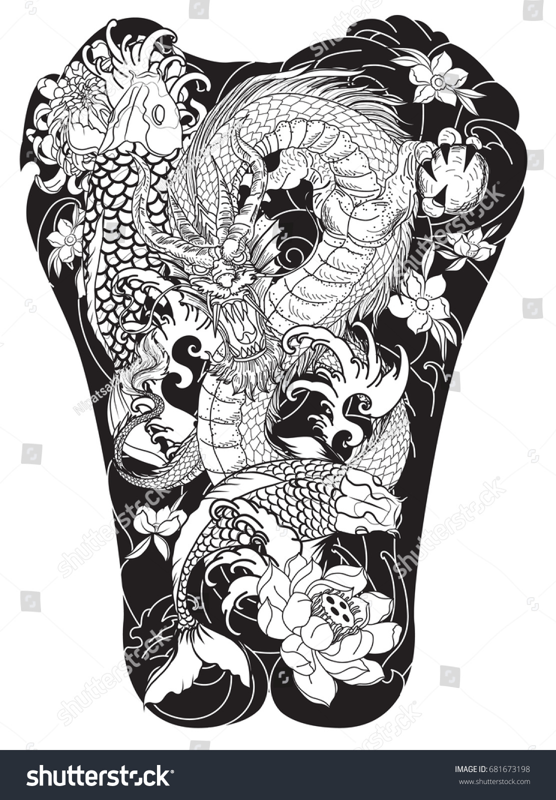 Dragon Koi Fish Peonychrysanthemumrosesakura Flowerlotus Wave Stock Vector Royalty Free 681673198