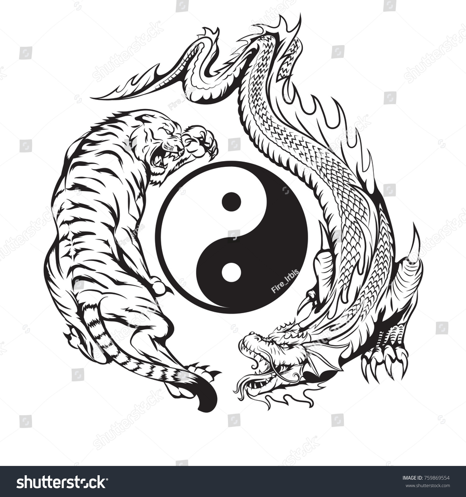 Stock Vector Dragon Fighting With Tiger Around Yin Yang Symbol Tattoo Illustration 759869554 