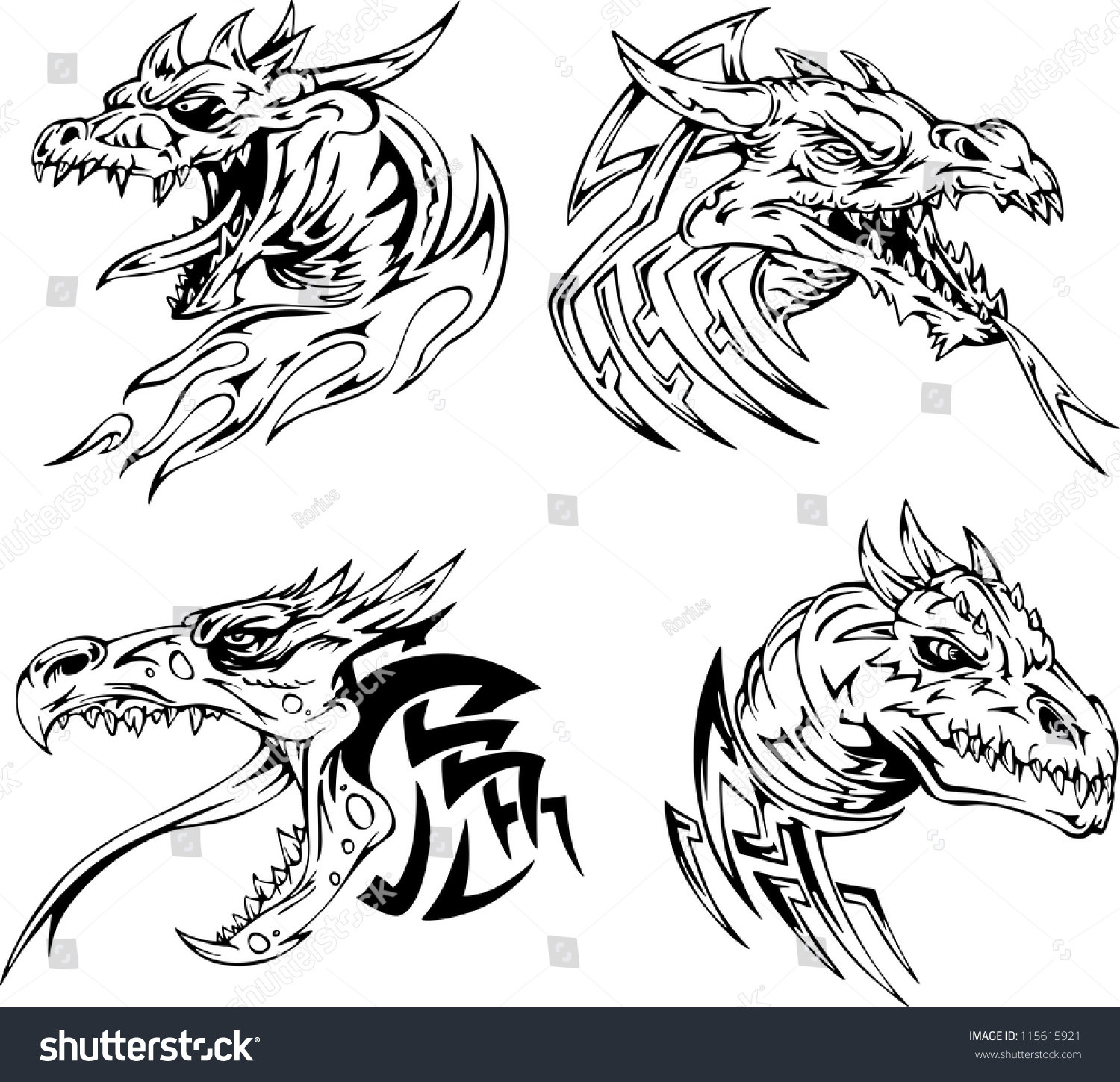 Dragon Head Tattoos. Set Of Black And White Vector Illustrations ...