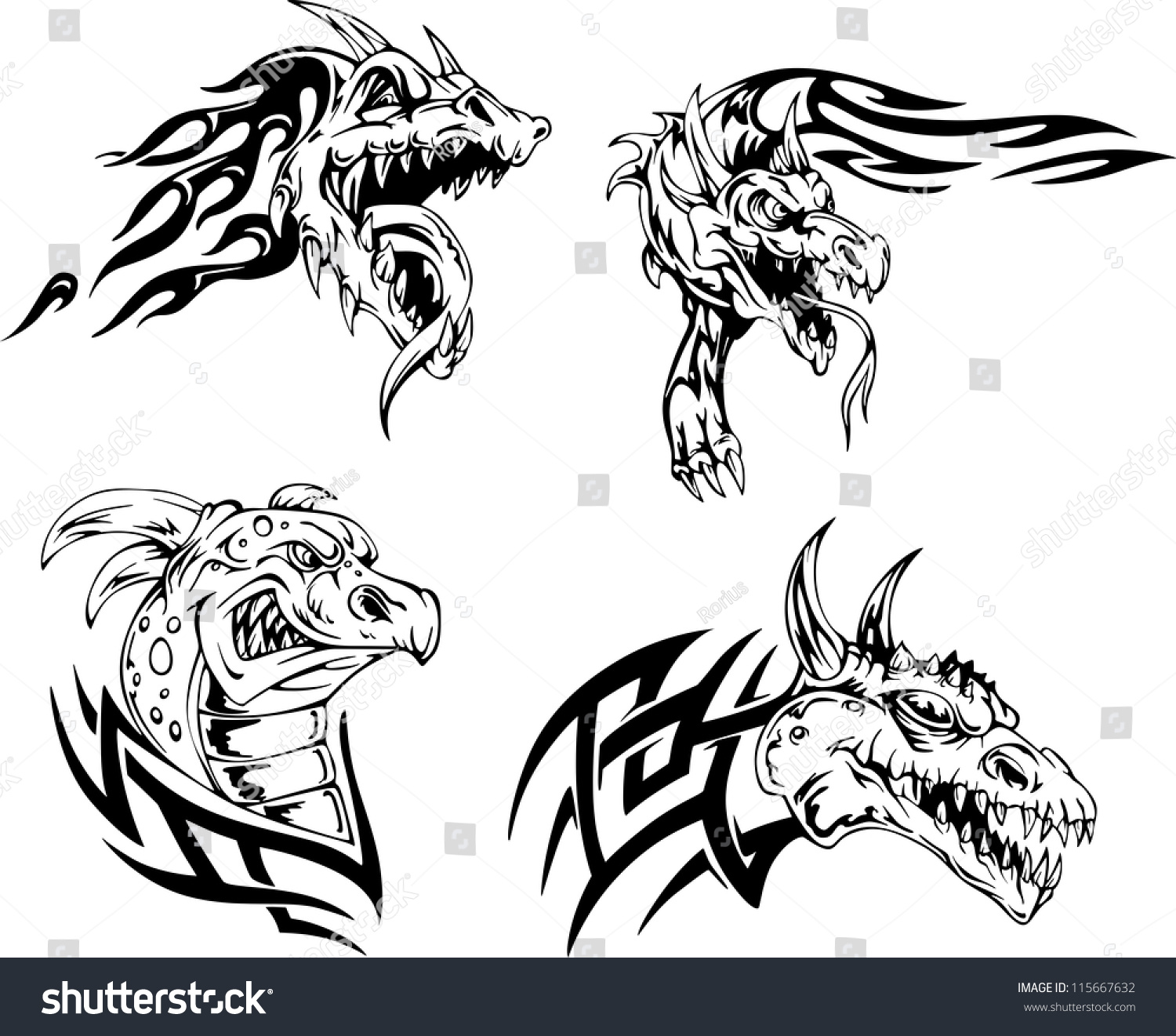 Dragon Heads Tattoo Designs Set Vector Stock Vector Royalty Free 115667632