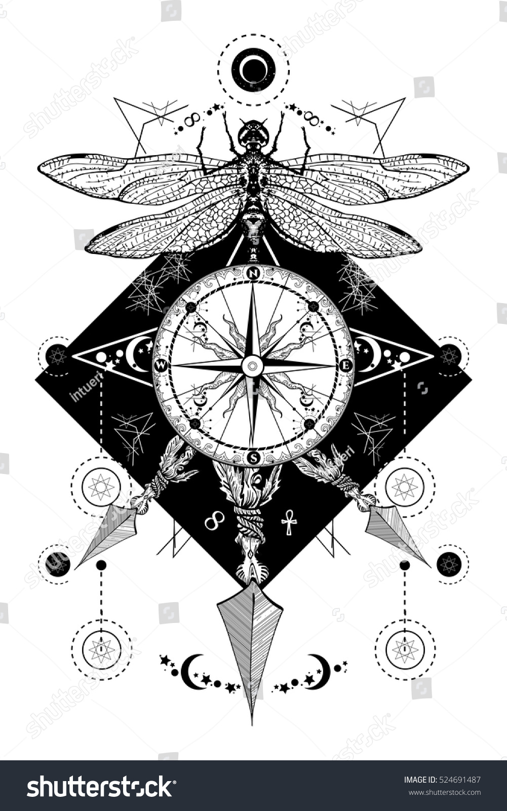 Dragonfly Compass Crossed Arrows Tattoo Mystical Stock ...