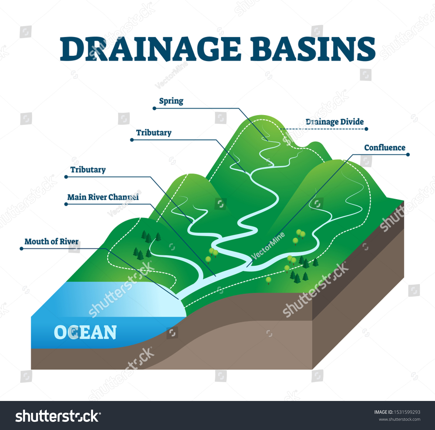 Drainage Basins Vector Illustration Labeled Educational Stock Vector ...