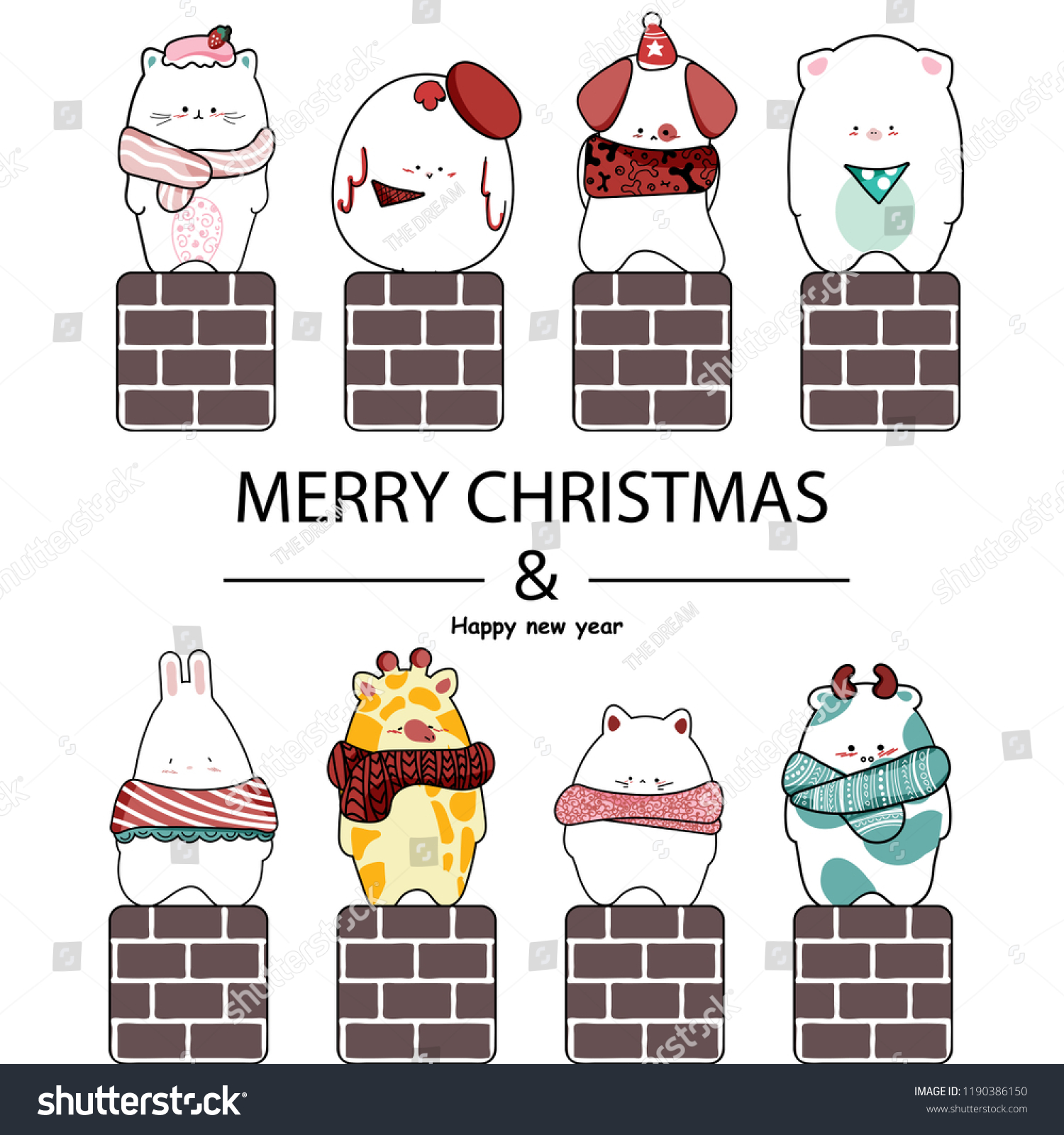 Draw Cute Animal Christmas Day Stock Vector Royalty Free 1190386150