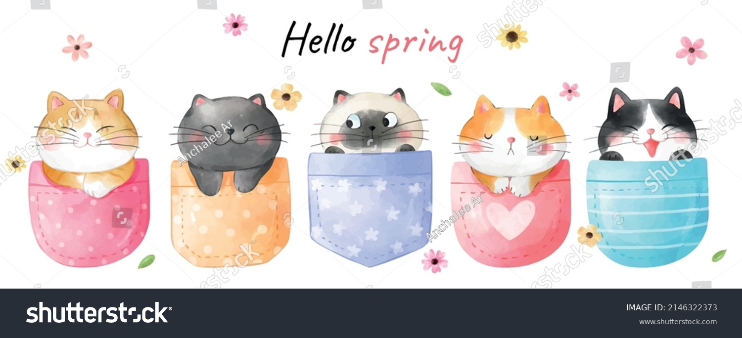 SVG of Draw vector illustration character design banner funny cat in pocket Spring concept Watercolor style svg