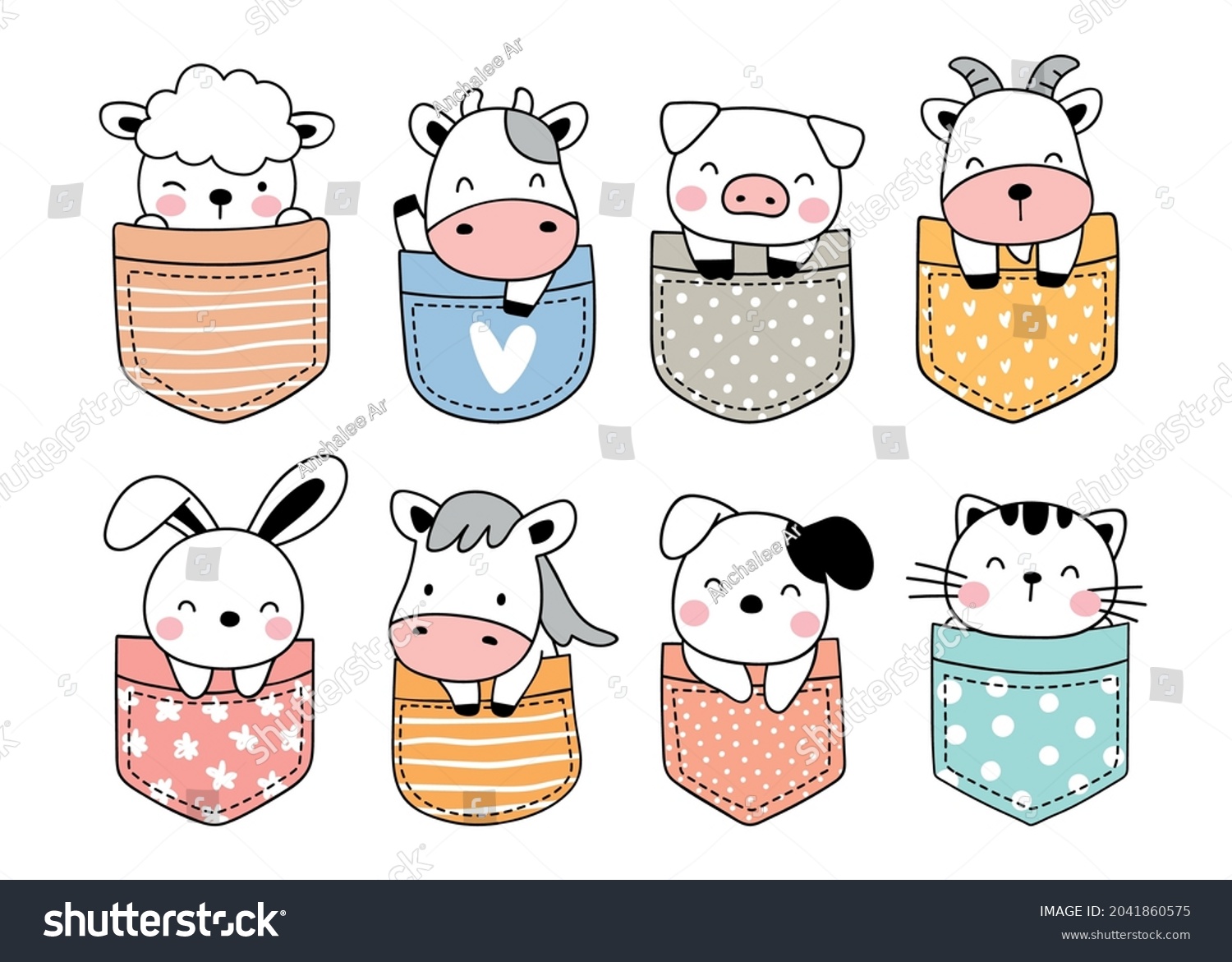 SVG of Draw vector illustration character design collection cute animal farm in pocket Doodle cartoon style svg