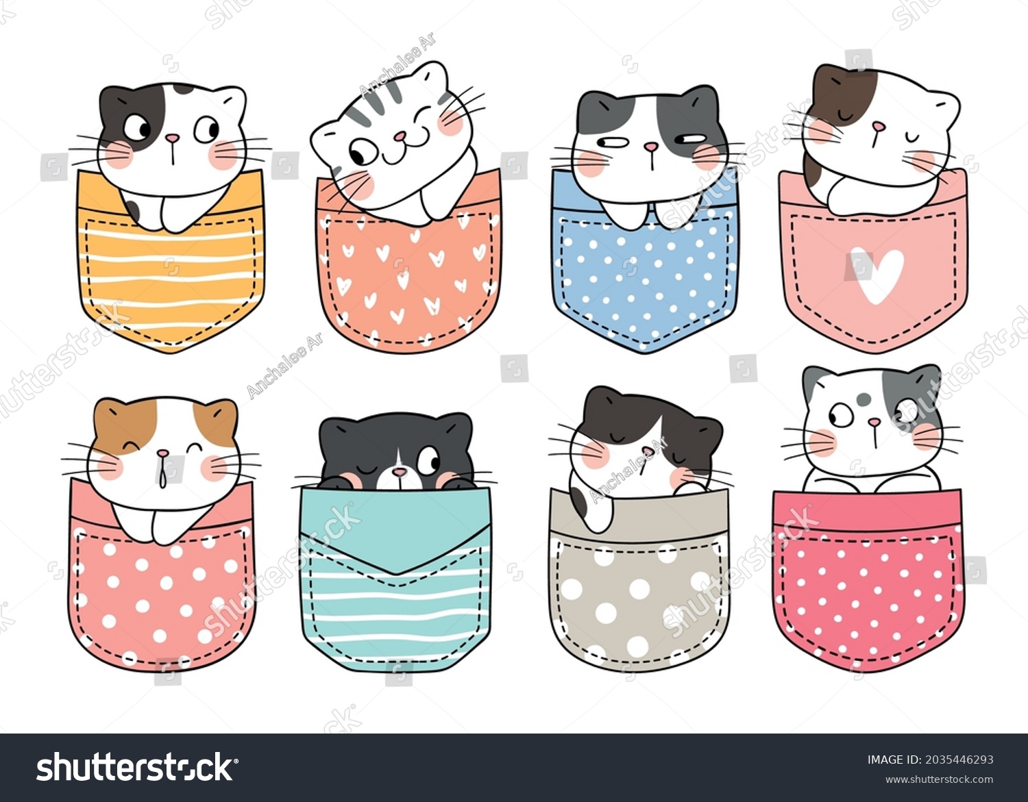 SVG of Draw vector illustration character design collection cute cats in pocket Doodle cartoon style svg