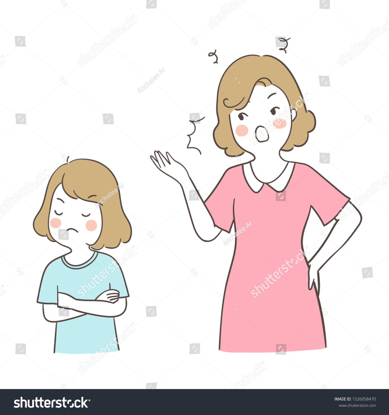 Draw Vector Illustration Mother Shouting Daughter Stock Vector Royalty Free 1526058470 