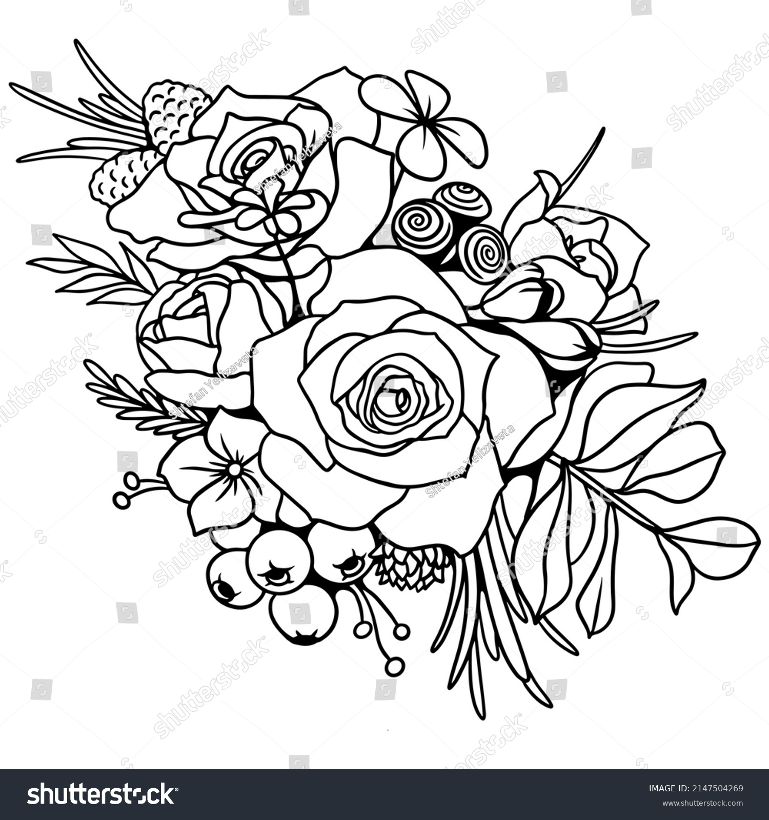 SVG of Drawing and sketch of rose flowers and wildflowers in a line drawing on a white background. A bunch of flowers wreath svg