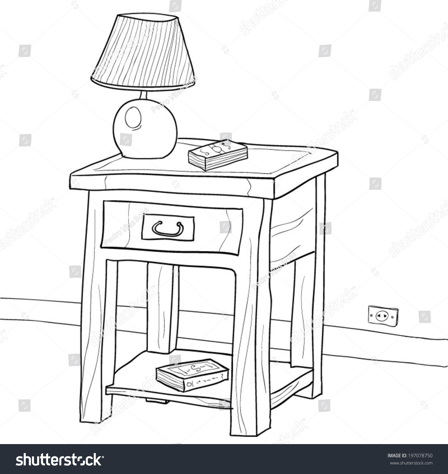 Drawing Wooden Nightstand Lamp Book Stock Vector (Royalty Free