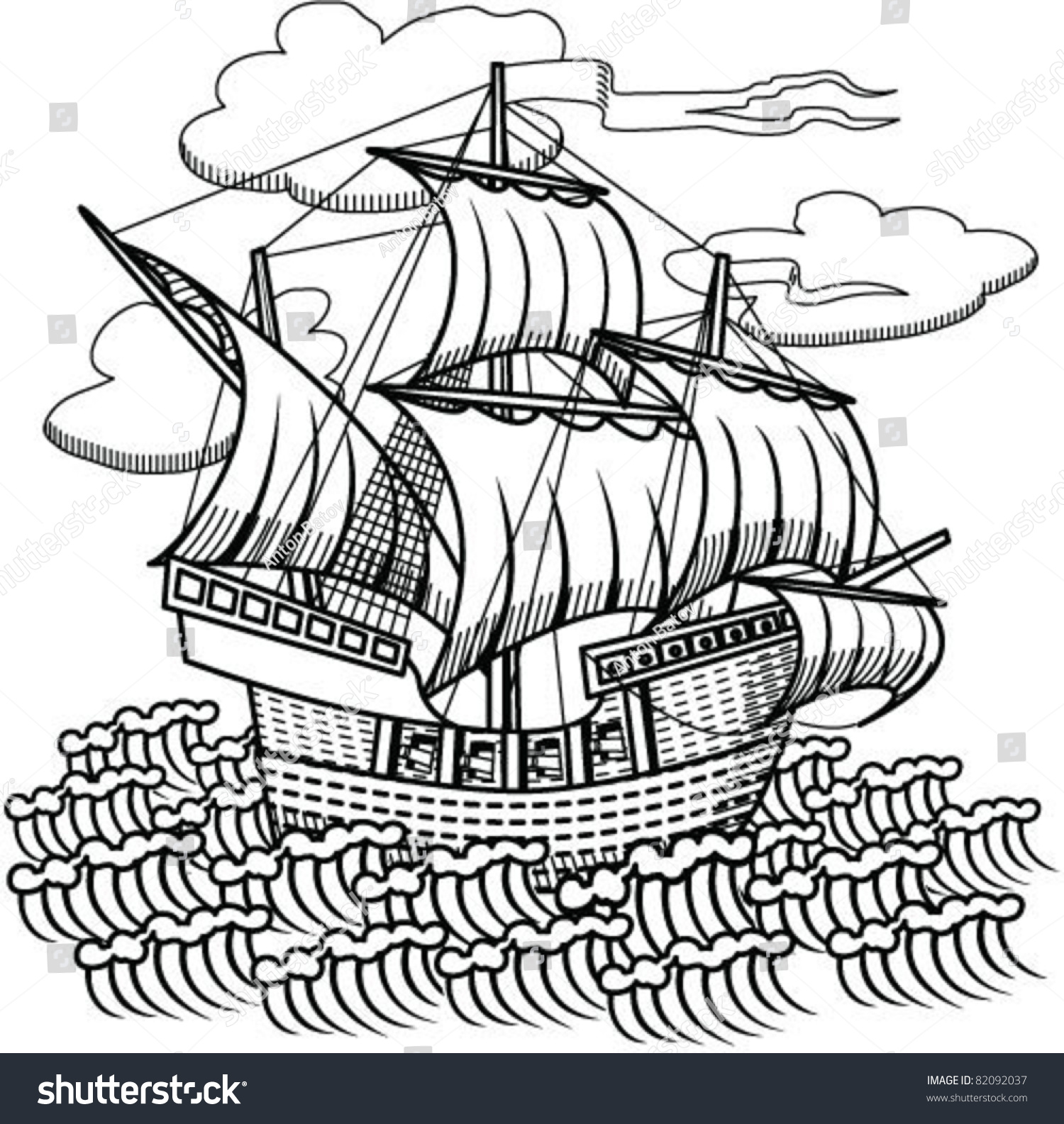 Drawing Old Sailing Ship, Designed As Woodcut 1 Stock Vector ...