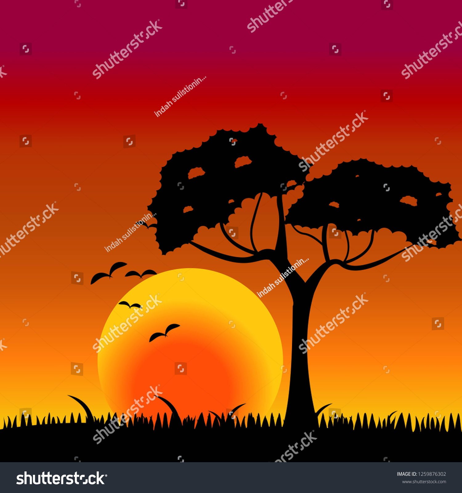 Drawing Sunset Tree Bird Grass Design Stock Vector Royalty Free