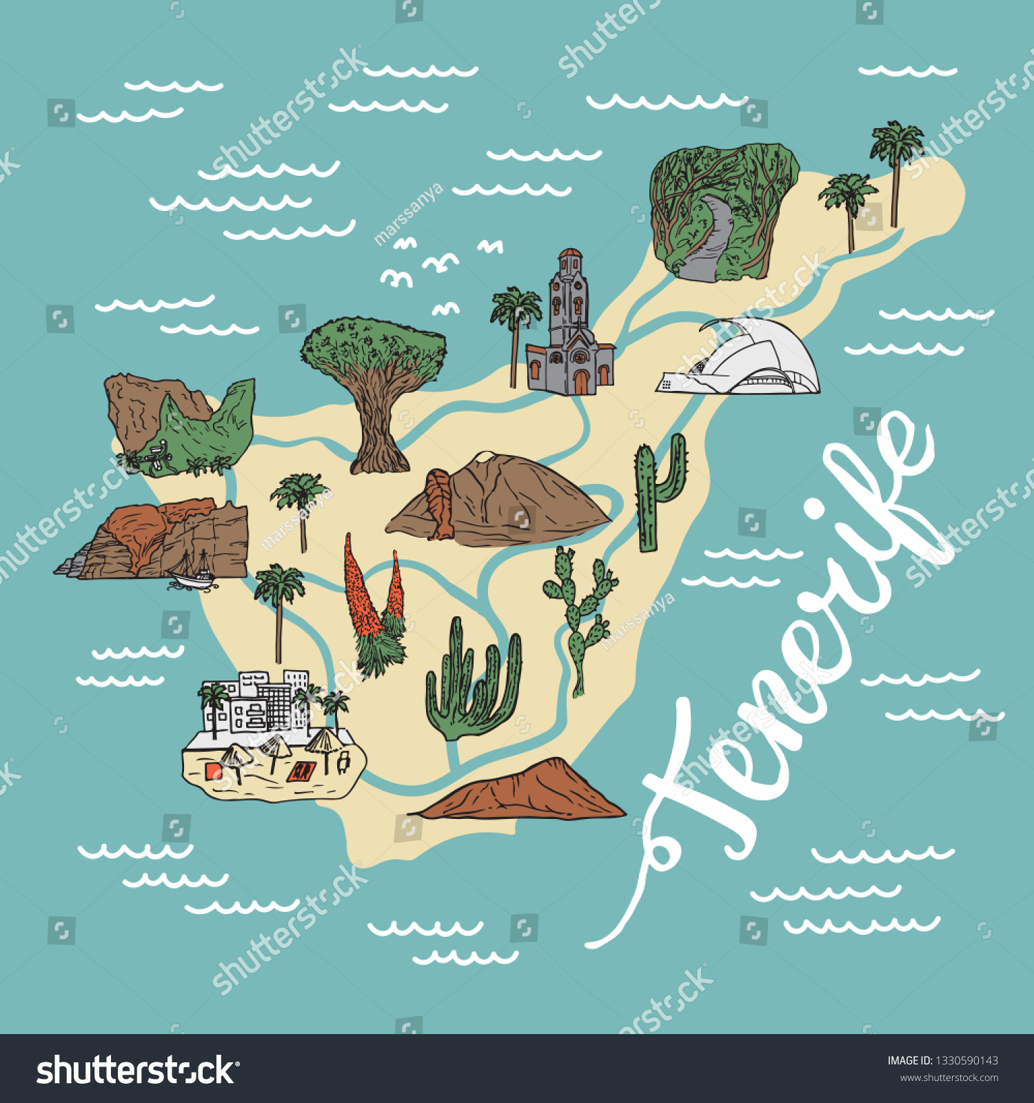 Drawing Tenerife Map Hand Drawn Landmarks Stock Vector Royalty Free 1330590143