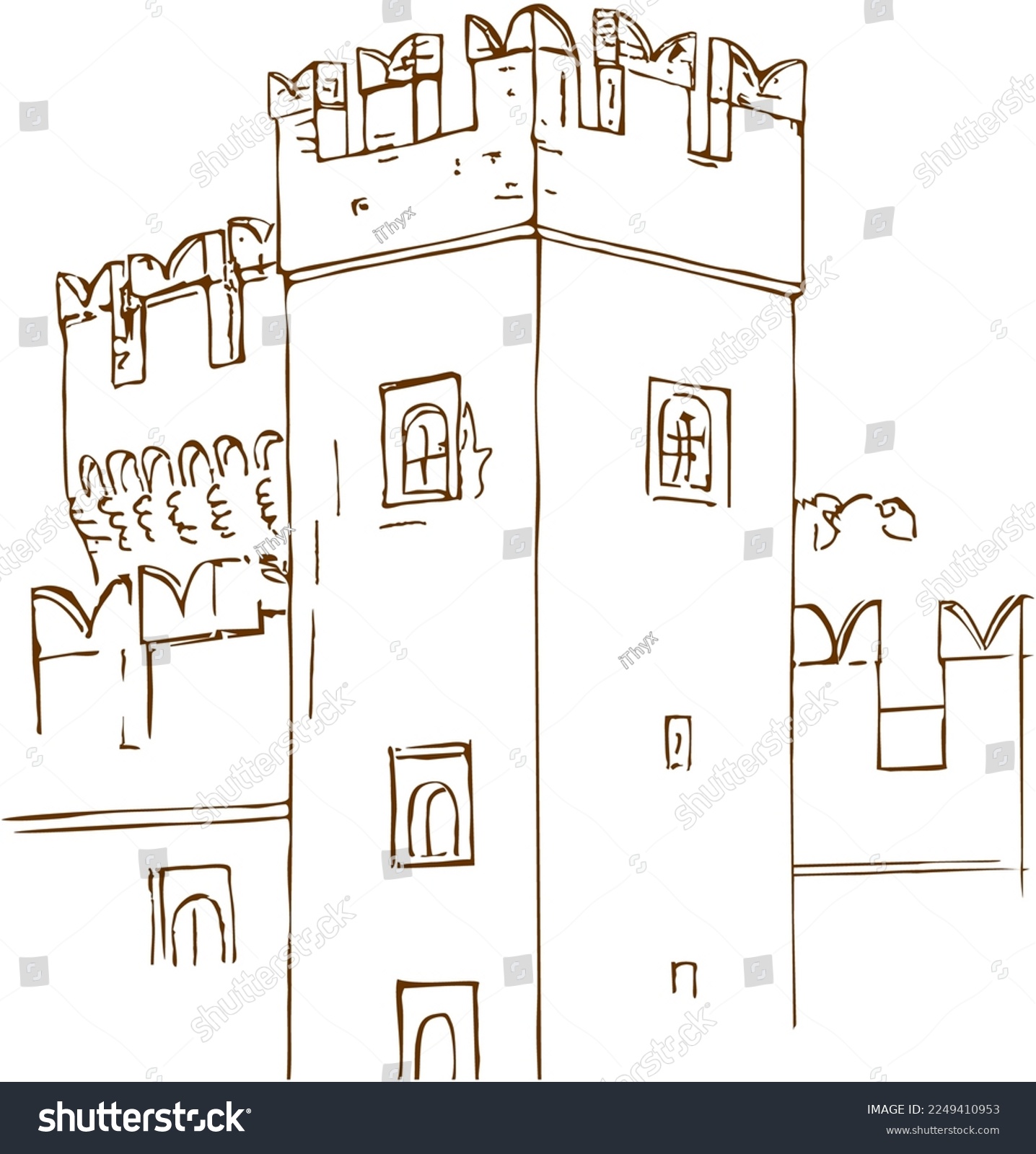 SVG of Drawing view from street on towers top  of  Scaligero Castle 13th century on Lake Garda,  historical centre of Sirmione, Lombardy,  Italy svg