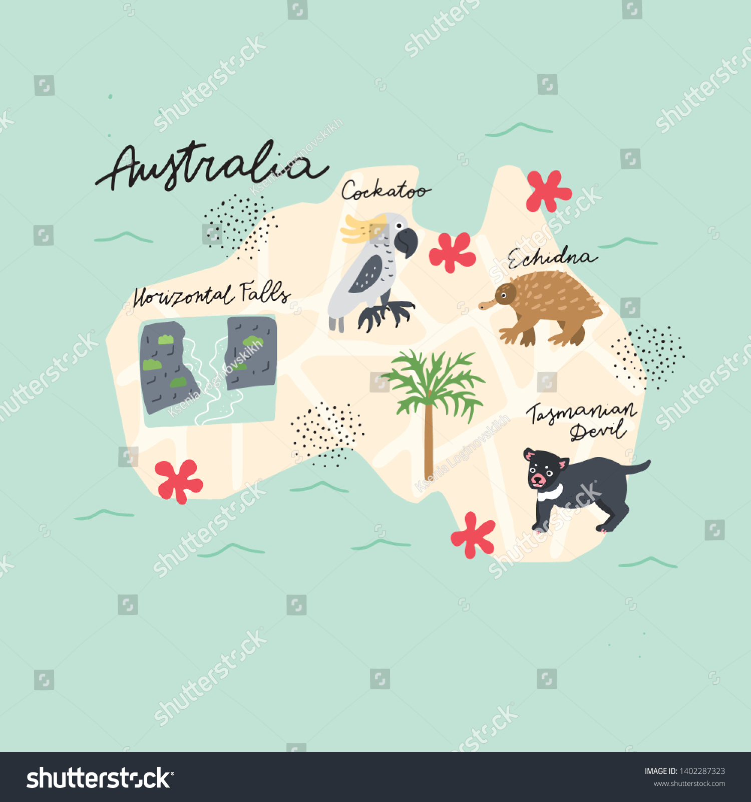 Drawn Map Australia Colorful Landmarks Illustration Stock Vector ...