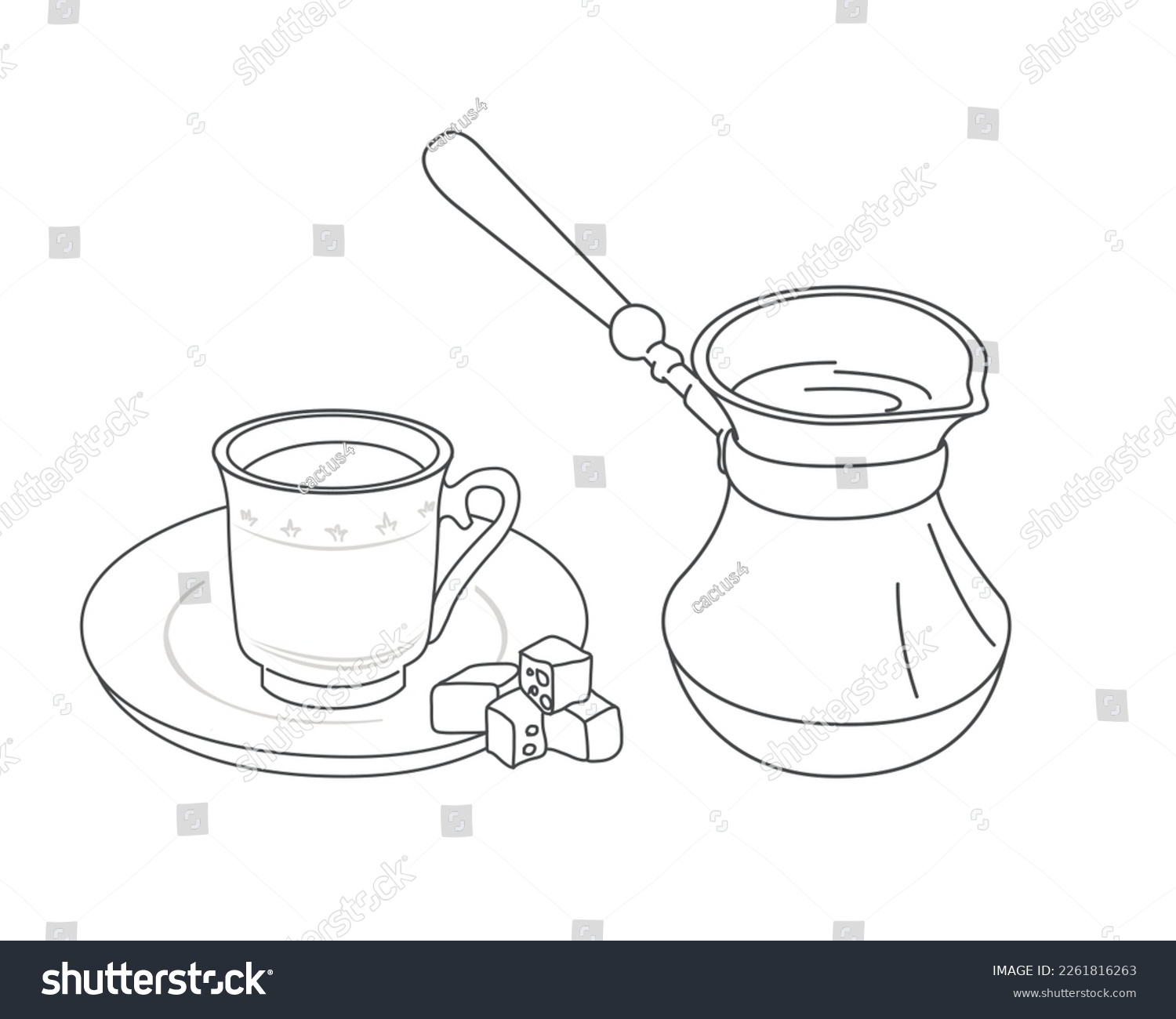 SVG of Drawn traditional Turkish coffee pot and cup vector illustration.  Turkish Coffee cup and Turkish delight svg