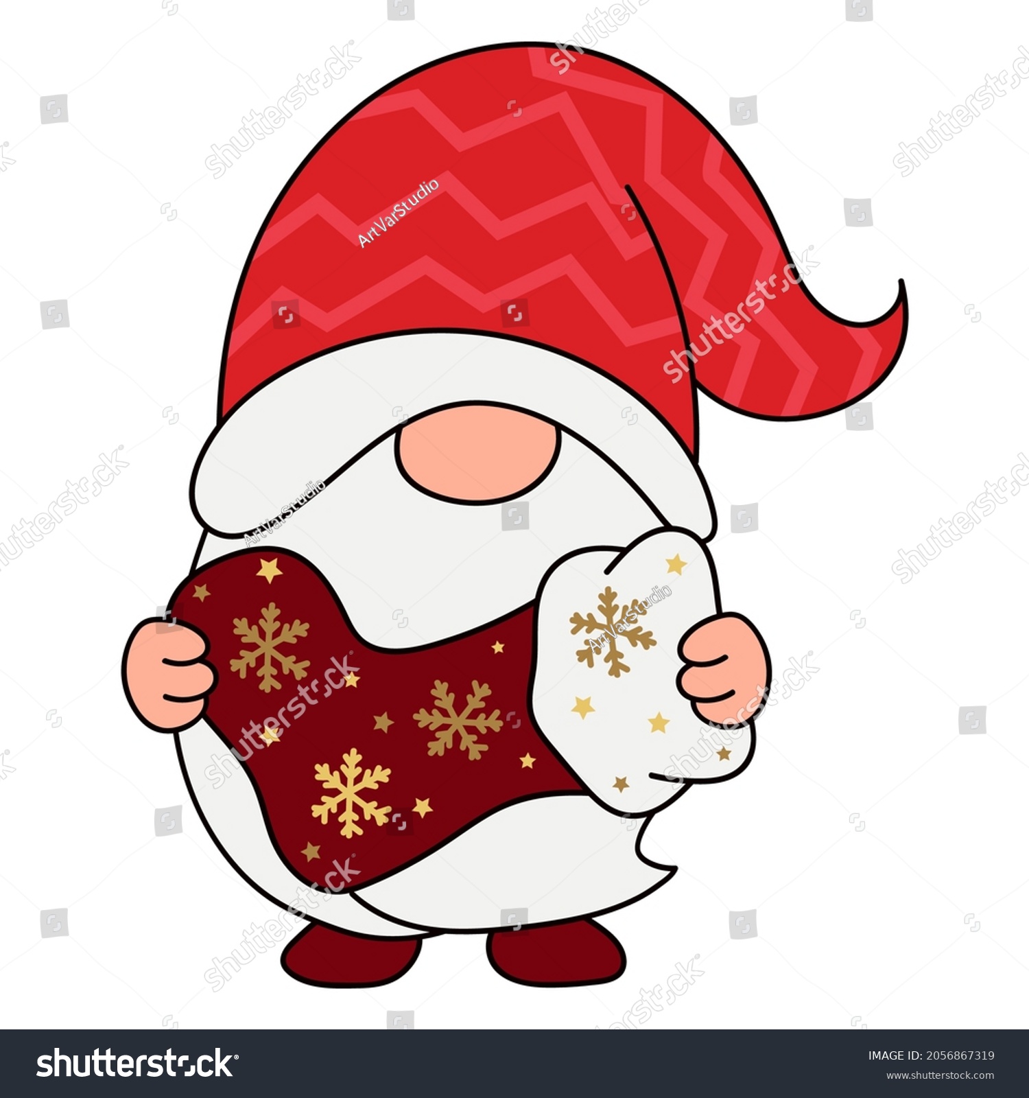 SVG of Drawn vector illustration of a cute funny gnomes with Christmas toys. Scandi Christmas gnomes. Cartoon cute gnome for invitations and baby cards. svg