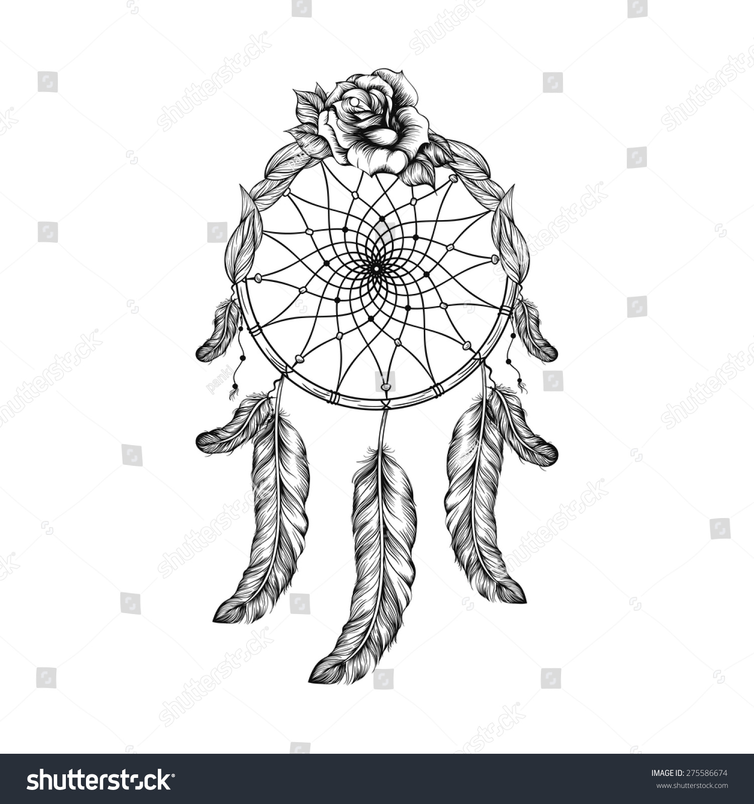 SVG of Dream catcher with feathers, leaves and rose  in line art style, high detailed ritual thing. American boho spirit. Hand drawn sketch vector illustration for tattoos or t-shirt print. svg