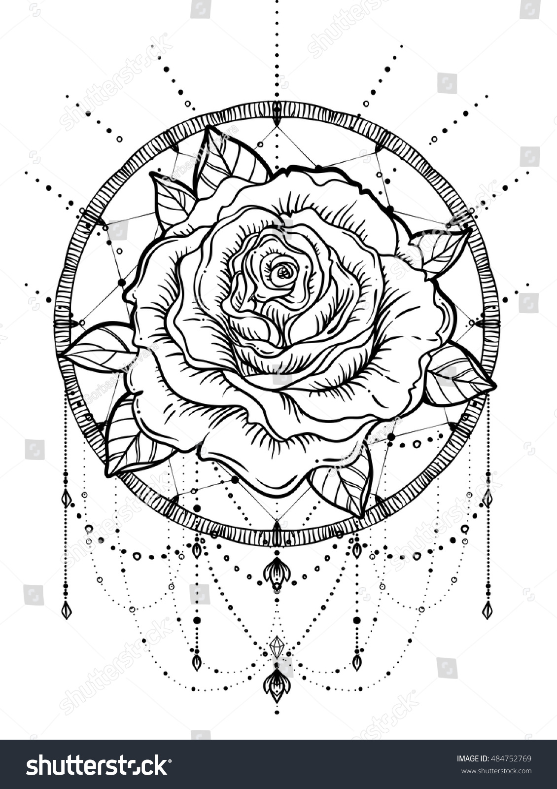 SVG of Dream catcher with rose flower, detailed vector illustration isolated on white. Blackwork tattoo flash, mystic symbol. New school dotwork. Boho design. Print, posters, t-shirts and textiles. svg