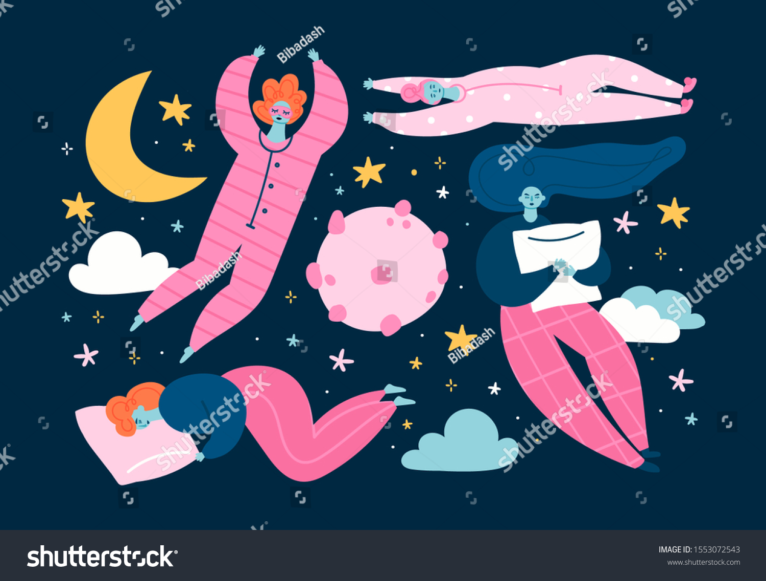 SVG of Dream set. Various sleeping girls with pillows. Sleepover. Moon, clouds, stars, night. Hand drawn colored trendy vector illustration. Cartoon style. Flat design. All elements are isolated svg
