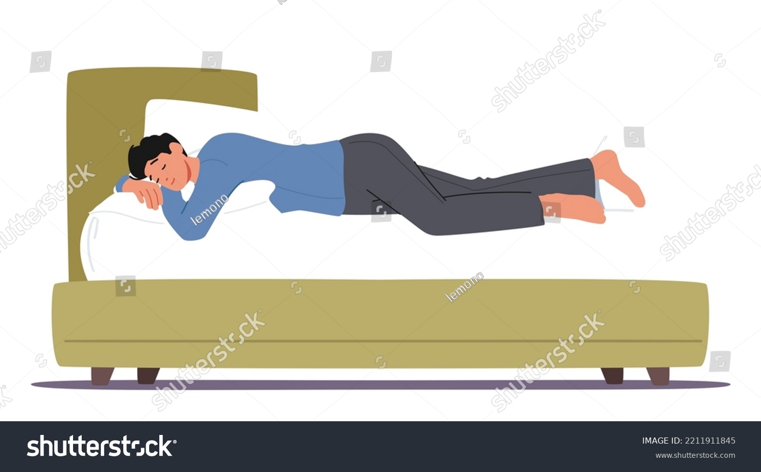 SVG of Dreamy Male Character Sleeping in Relaxed Pose Lying on Bed and Hugging Pillow Side View. Bedding Time, Sleep or Nap Isolated on White Background. Cartoon People Vector Illustration svg